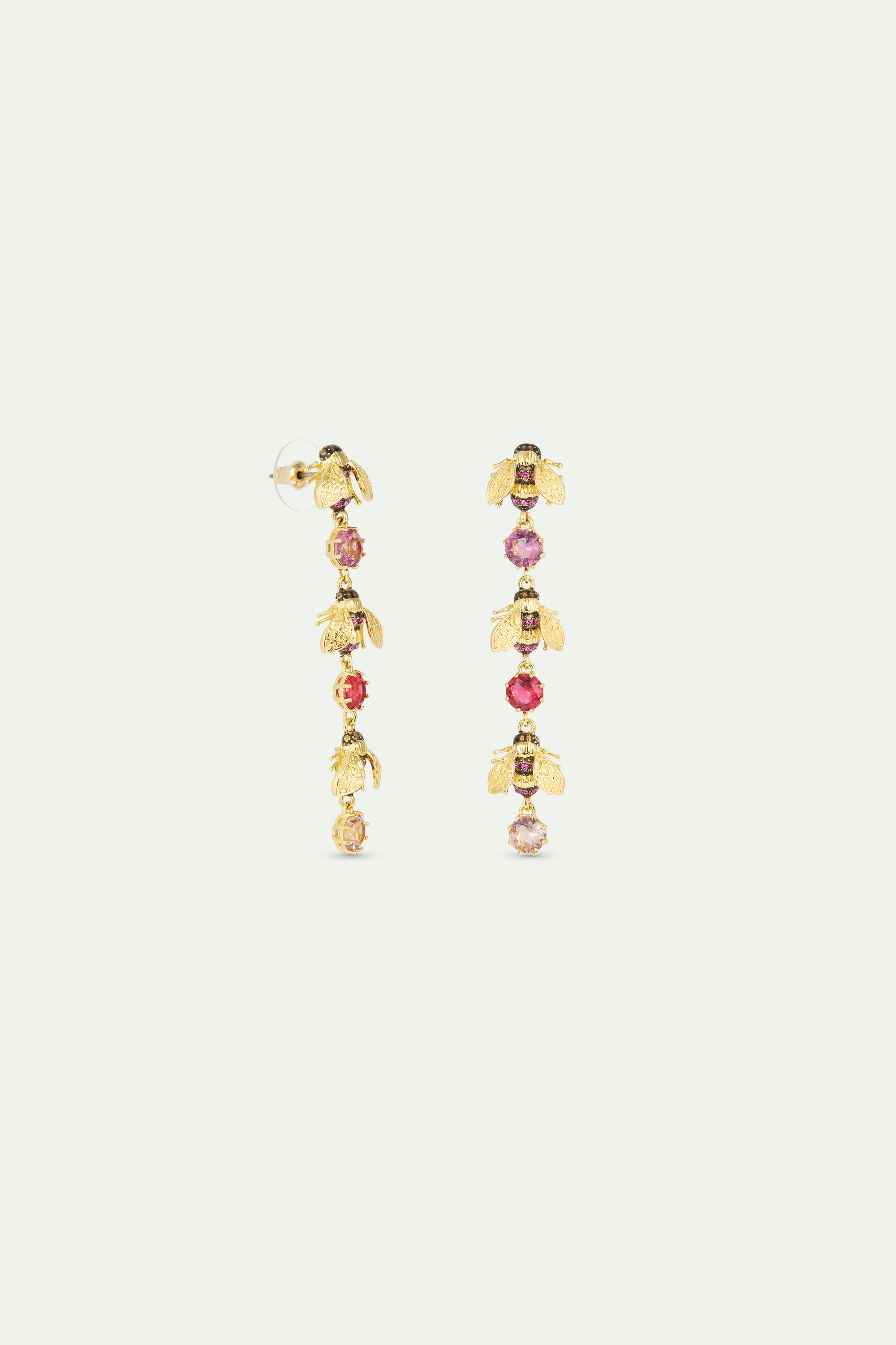 Pendientes colgantes abejas doradas y piedras redondas rosas