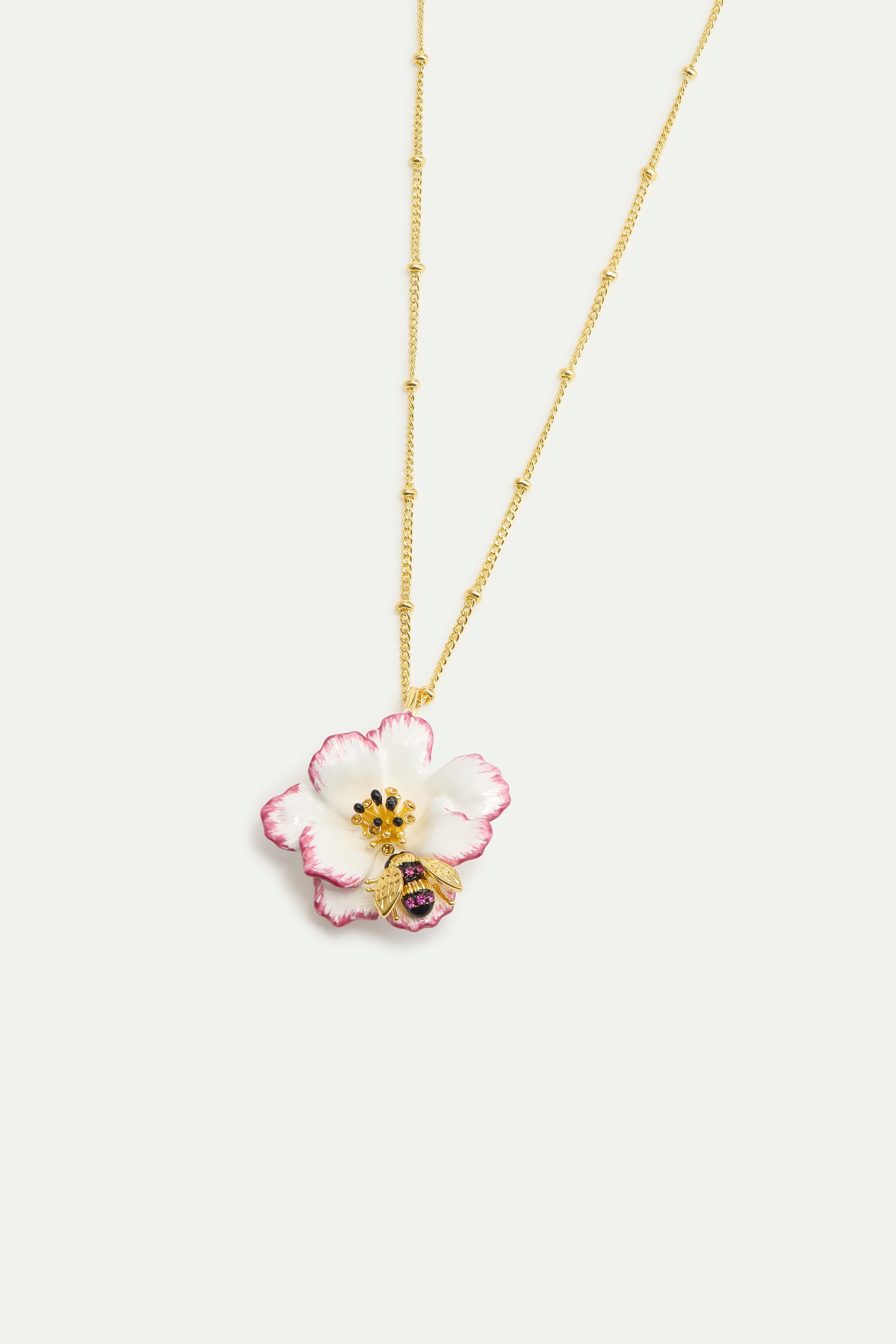 Pendant necklace with white and pink cosmos flower and gold bee