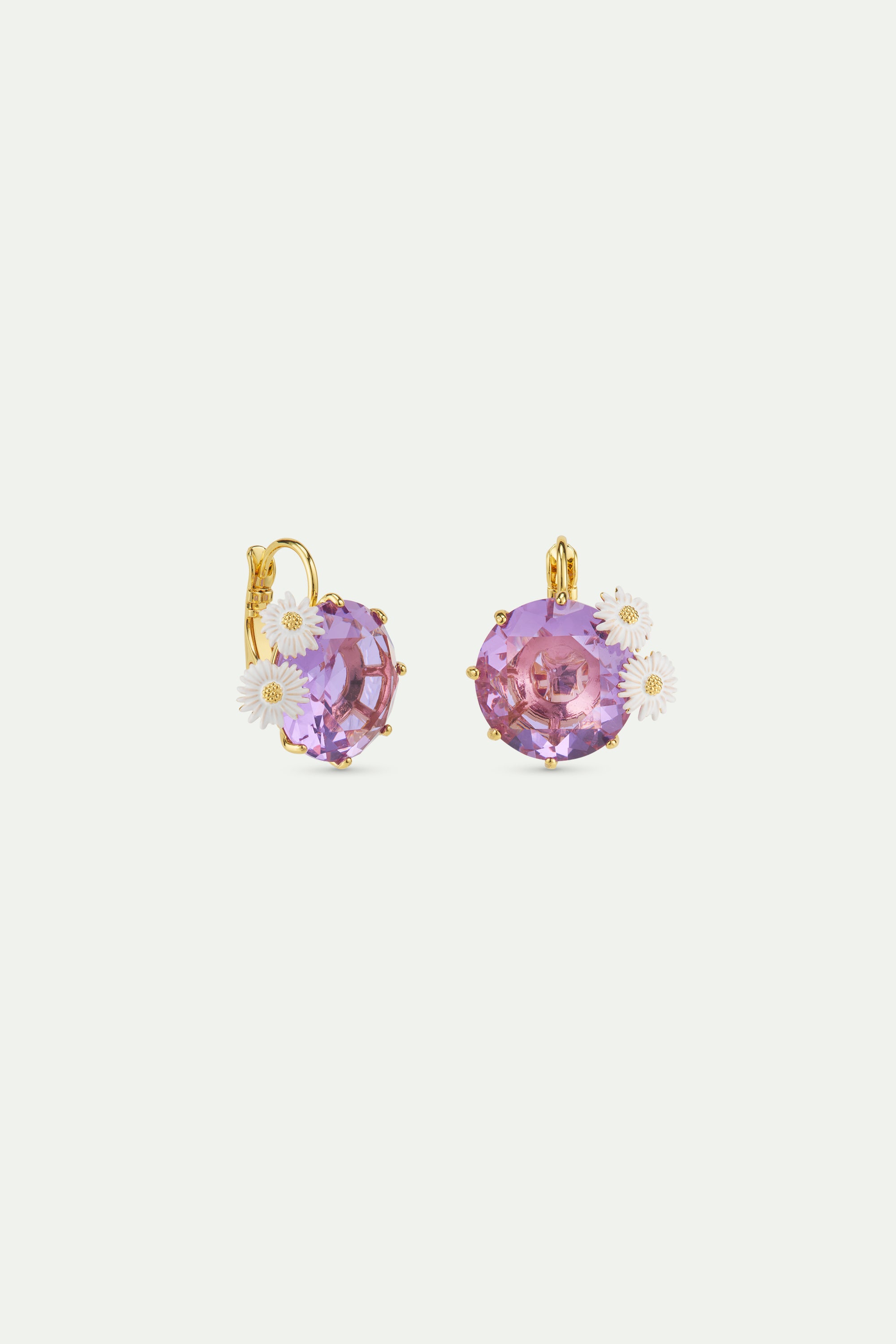 Lavender Diamantine round stone sleeper earrings with daisies