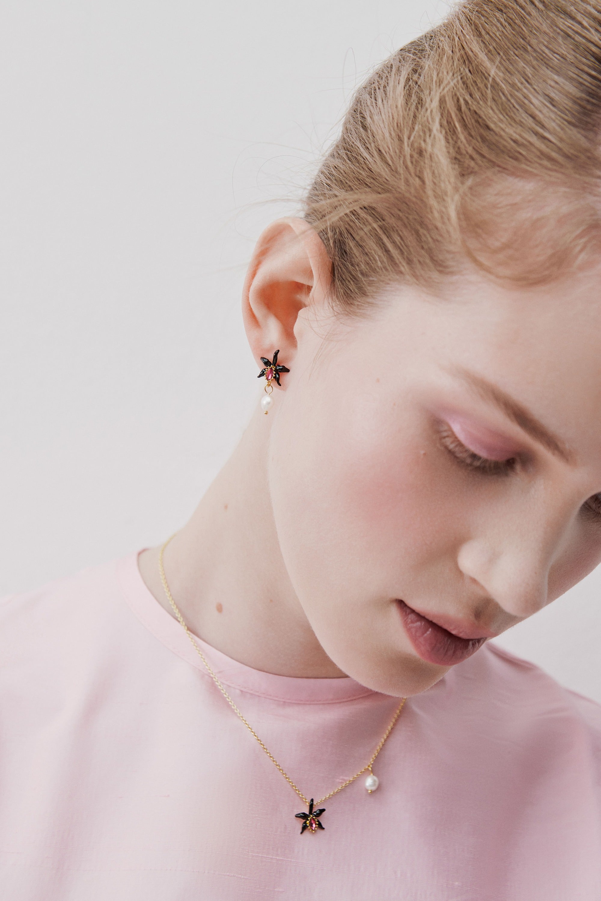 Dangle earrings with black orchid, faceted pink crystal and cultured pearl