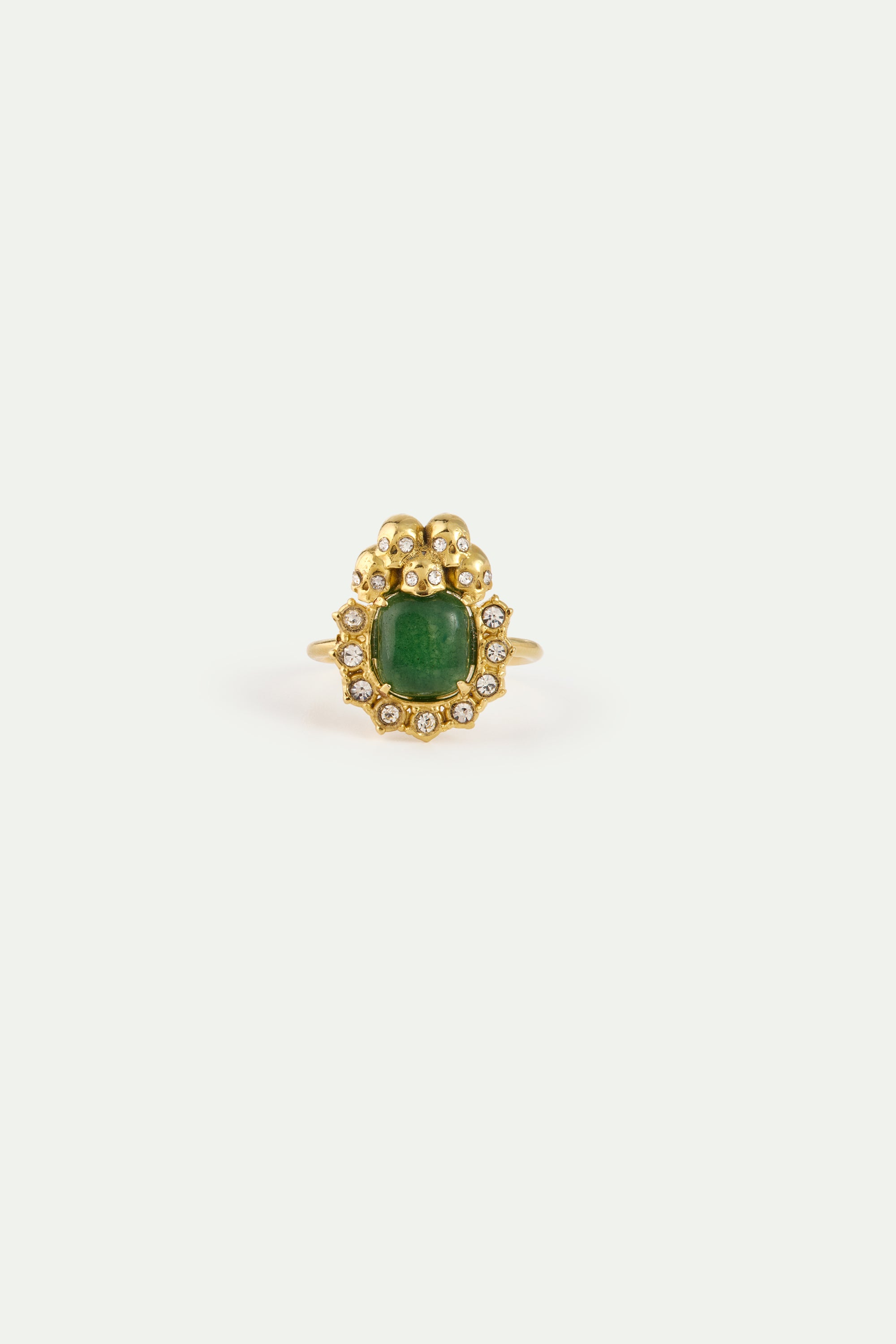 Anillo de aventurina verde, calaveras y cristales