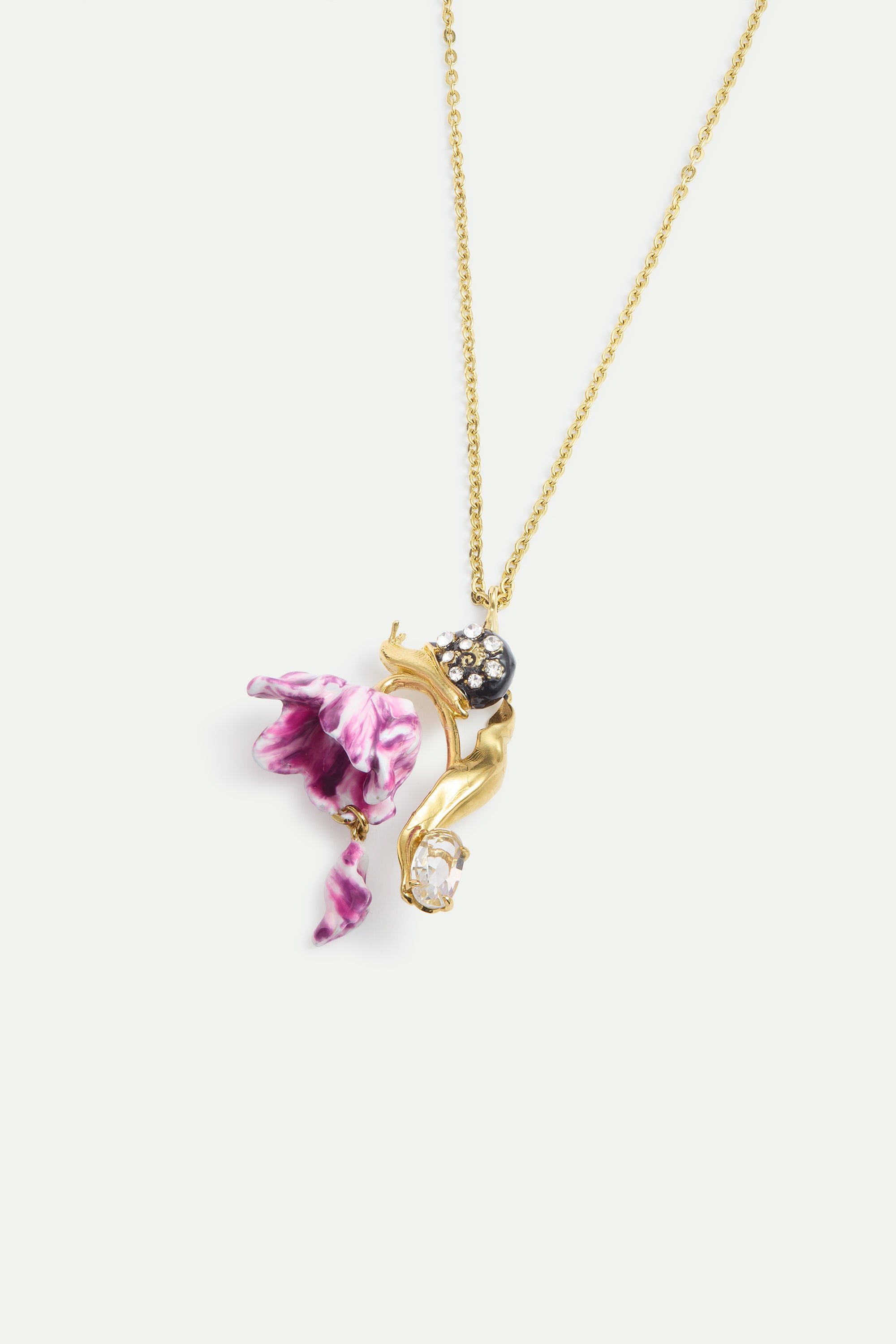 Purple tulip, snail and crystal pendant necklace