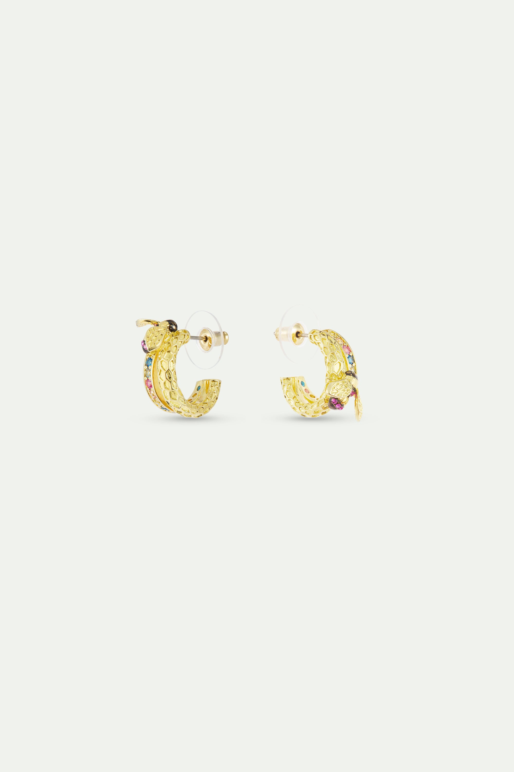 Gold hoop earrings with bee and multicoloured stones