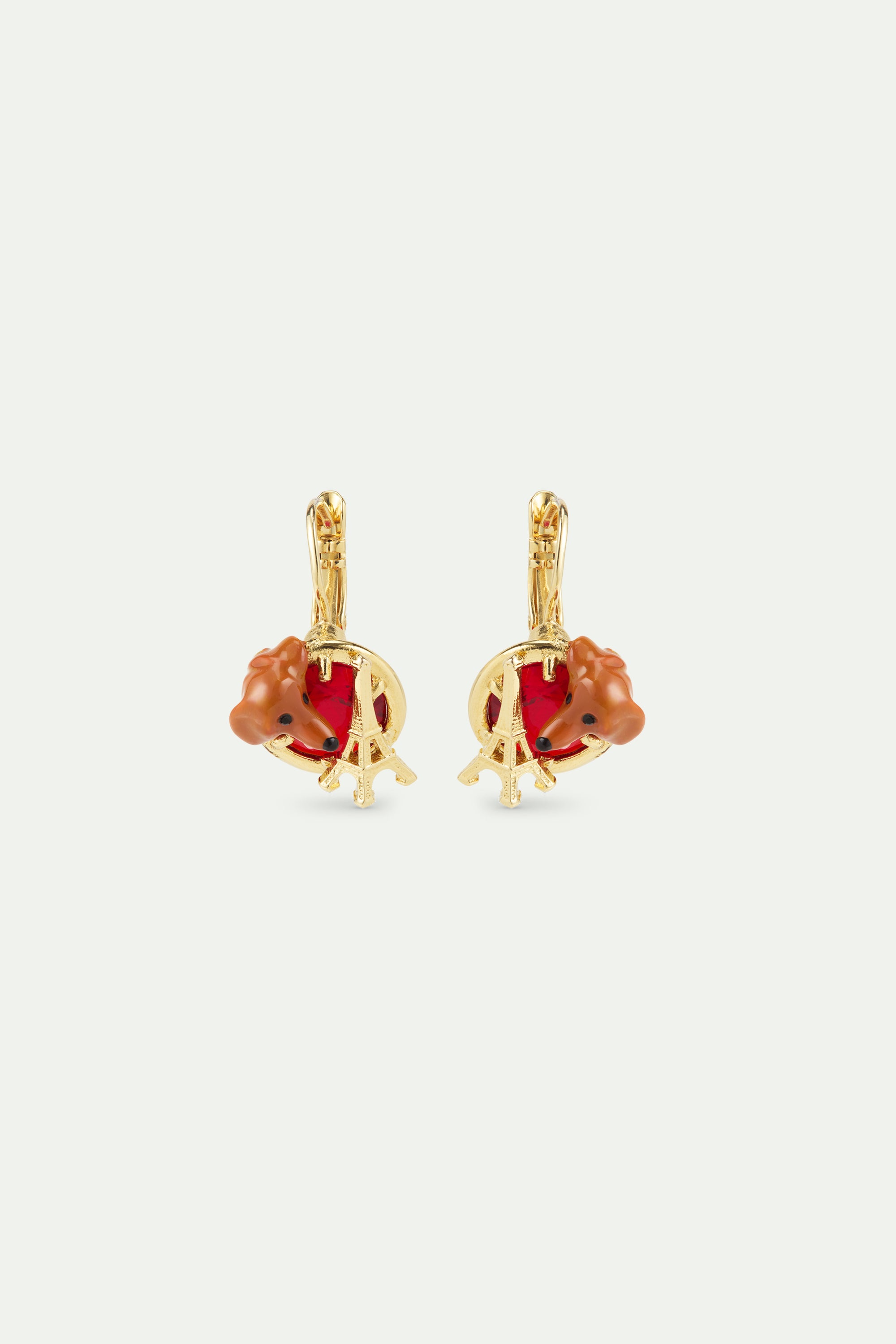 Dachshund sleeper earrings with Eiffel tower and garnet red round stone
