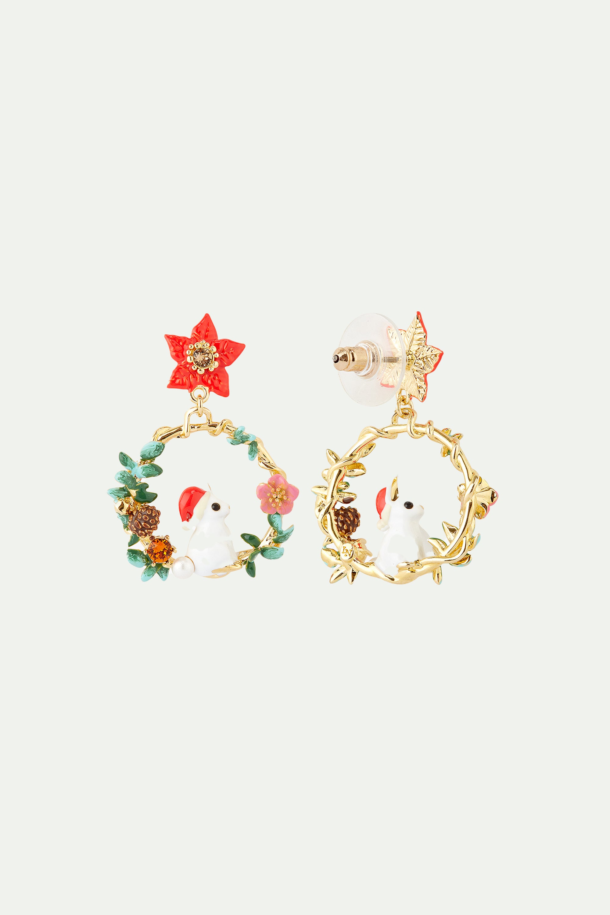 Rabbit and poinsettia post hoop earrings