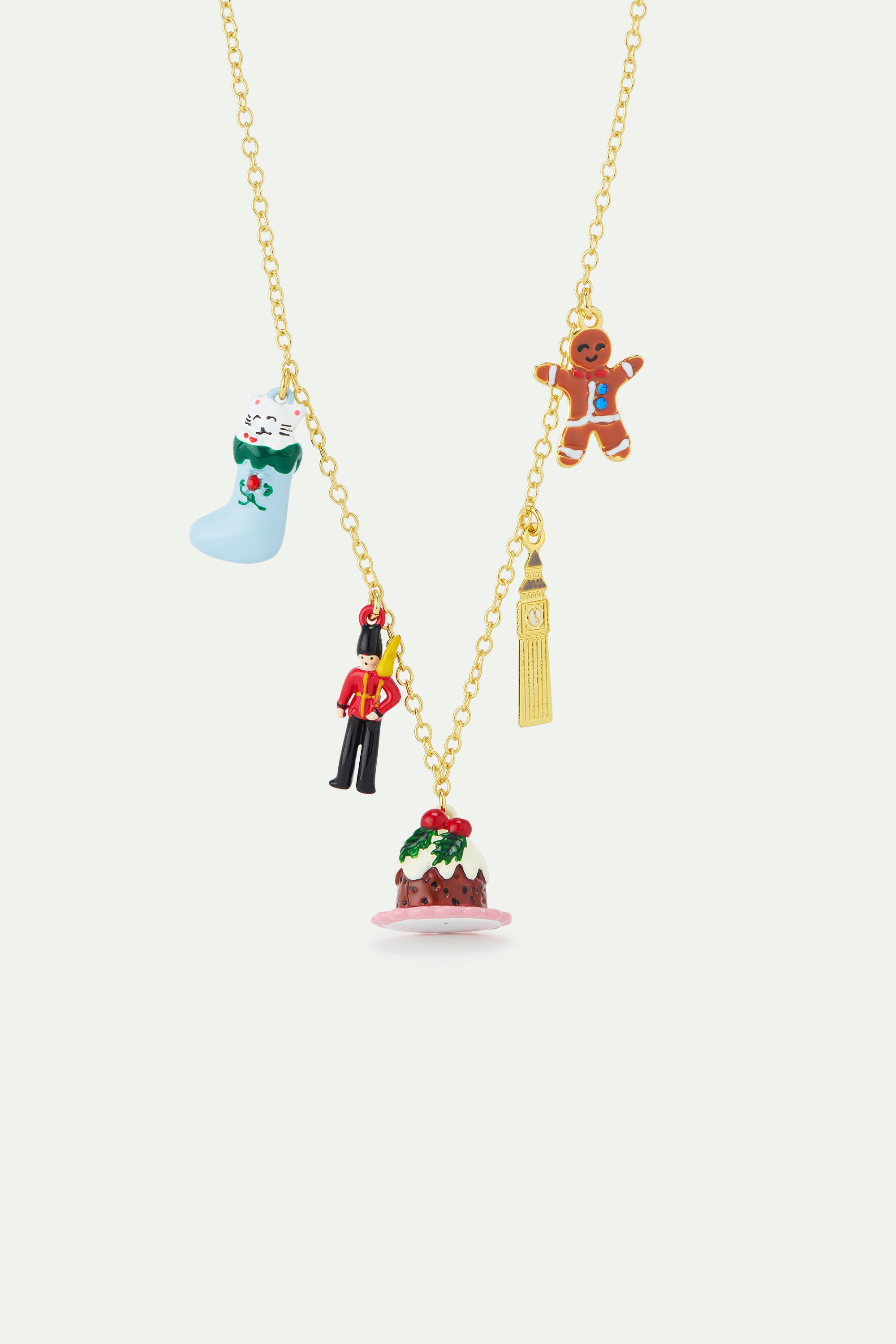 Christmas stocking, king's guard, christmas pudding, Big Ben and gingerbread man charm necklace