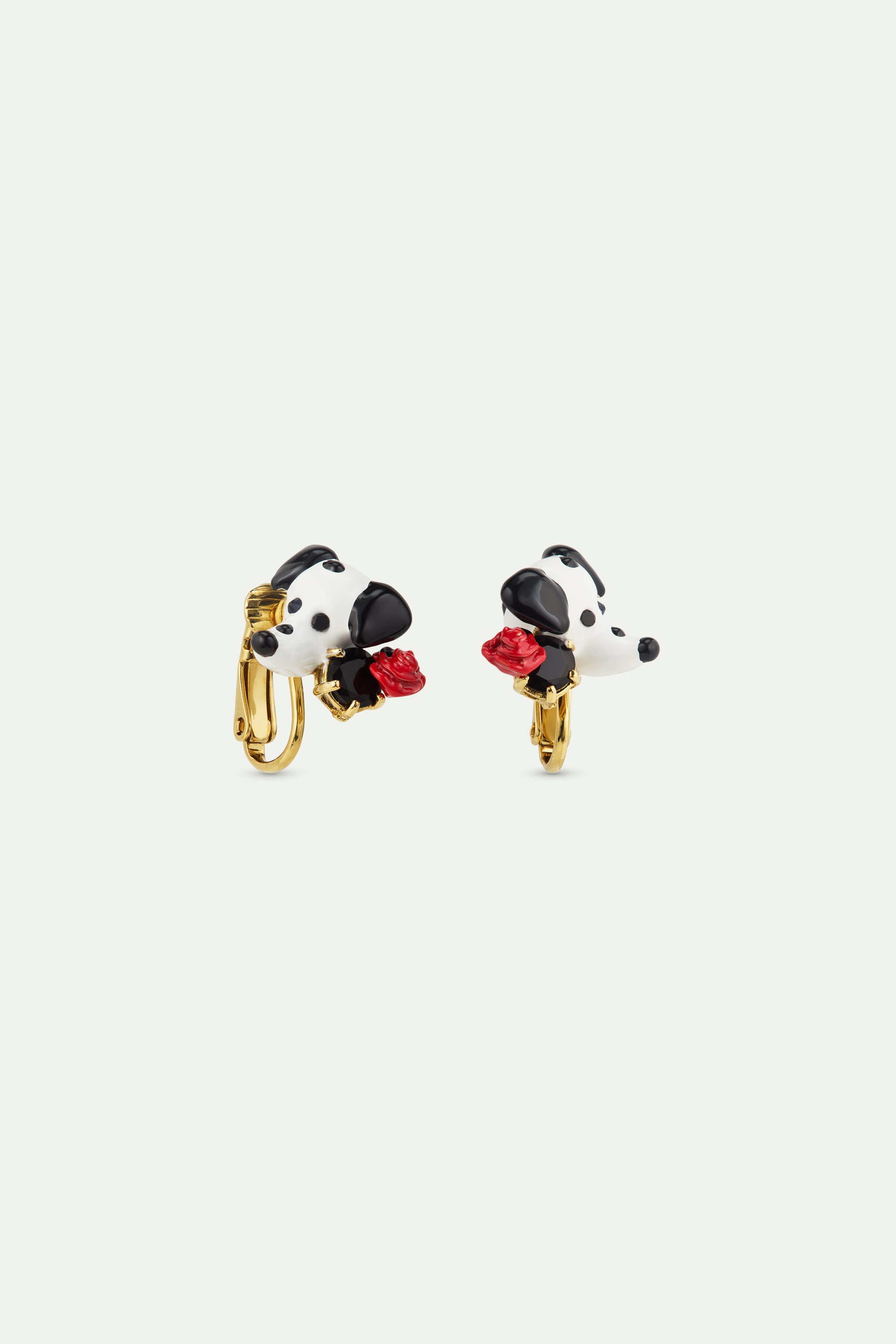 Dalmatian earrings with black round faceted glass stone and red rose