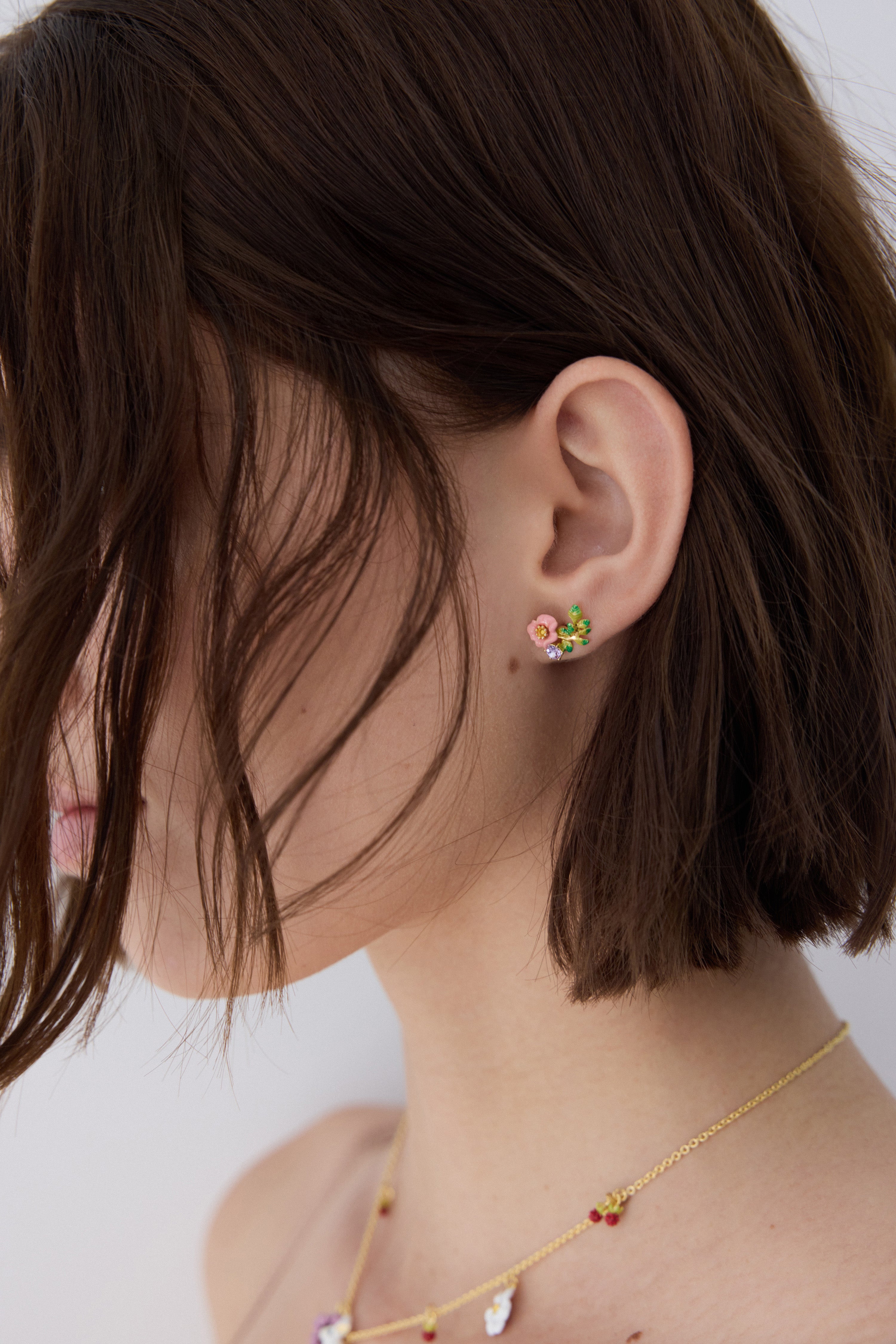 Rabbit and Pink flower Asymmetrical Clip on Earrings