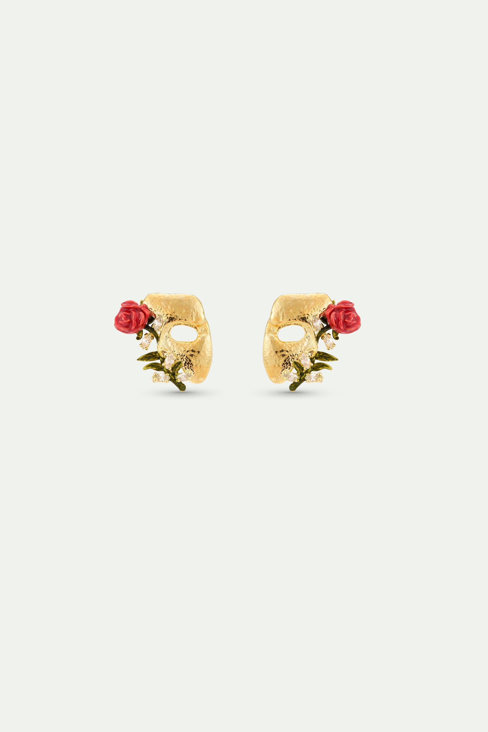 Gold mask, rose and crystal post earrings