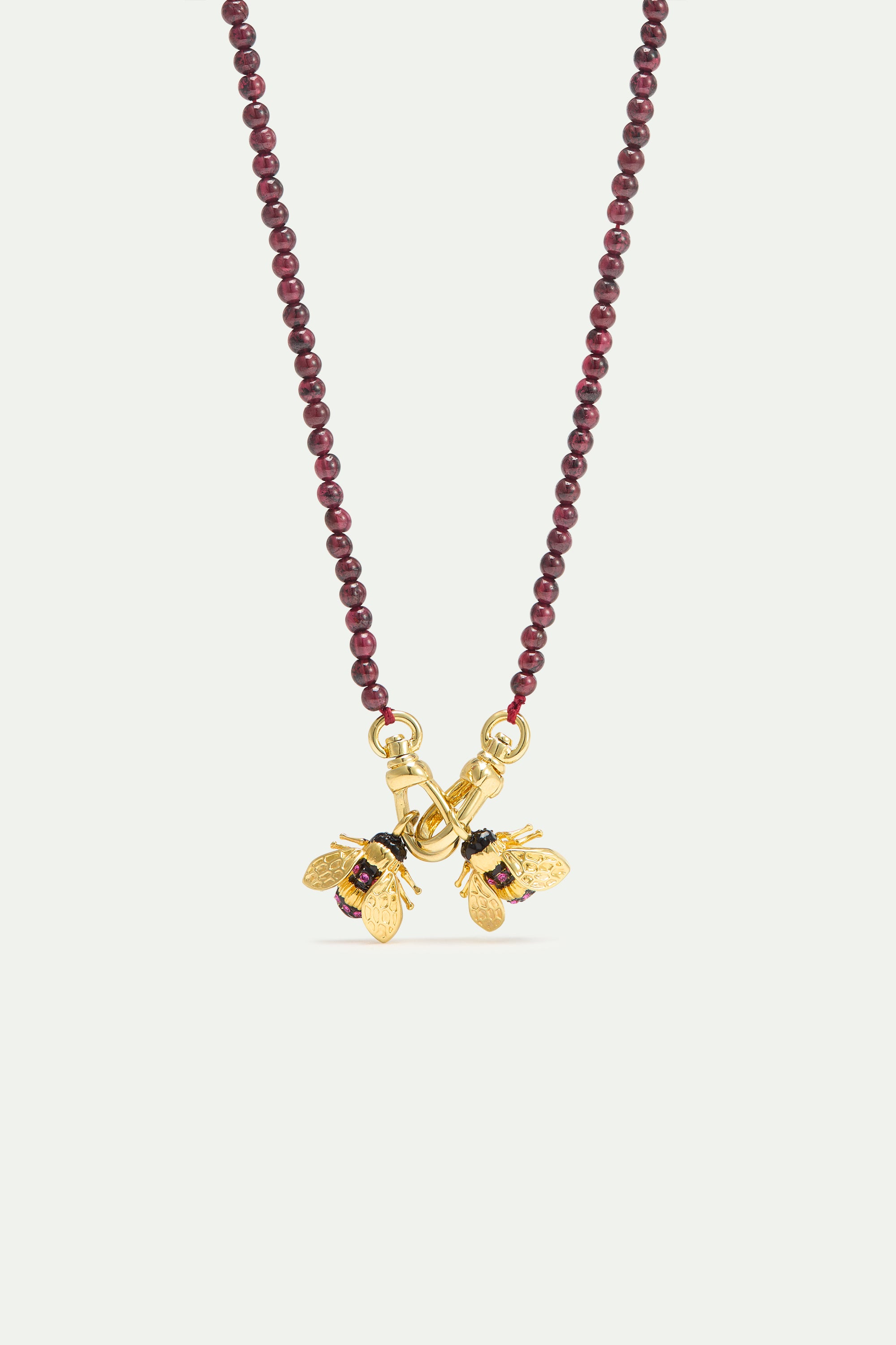 Necklace with garnet beads and gold bees