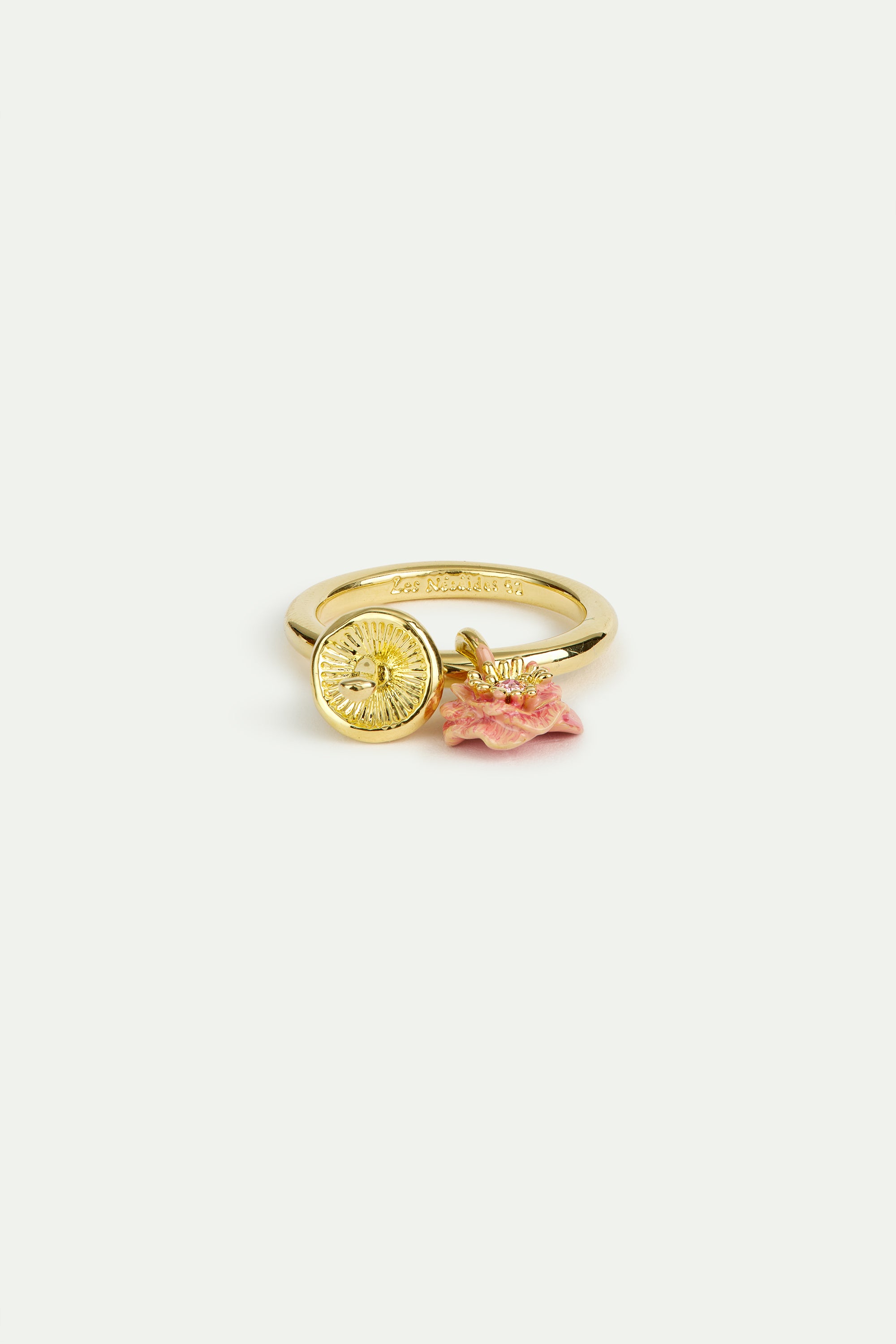 Charm ring with pink anemone and gold mushroom