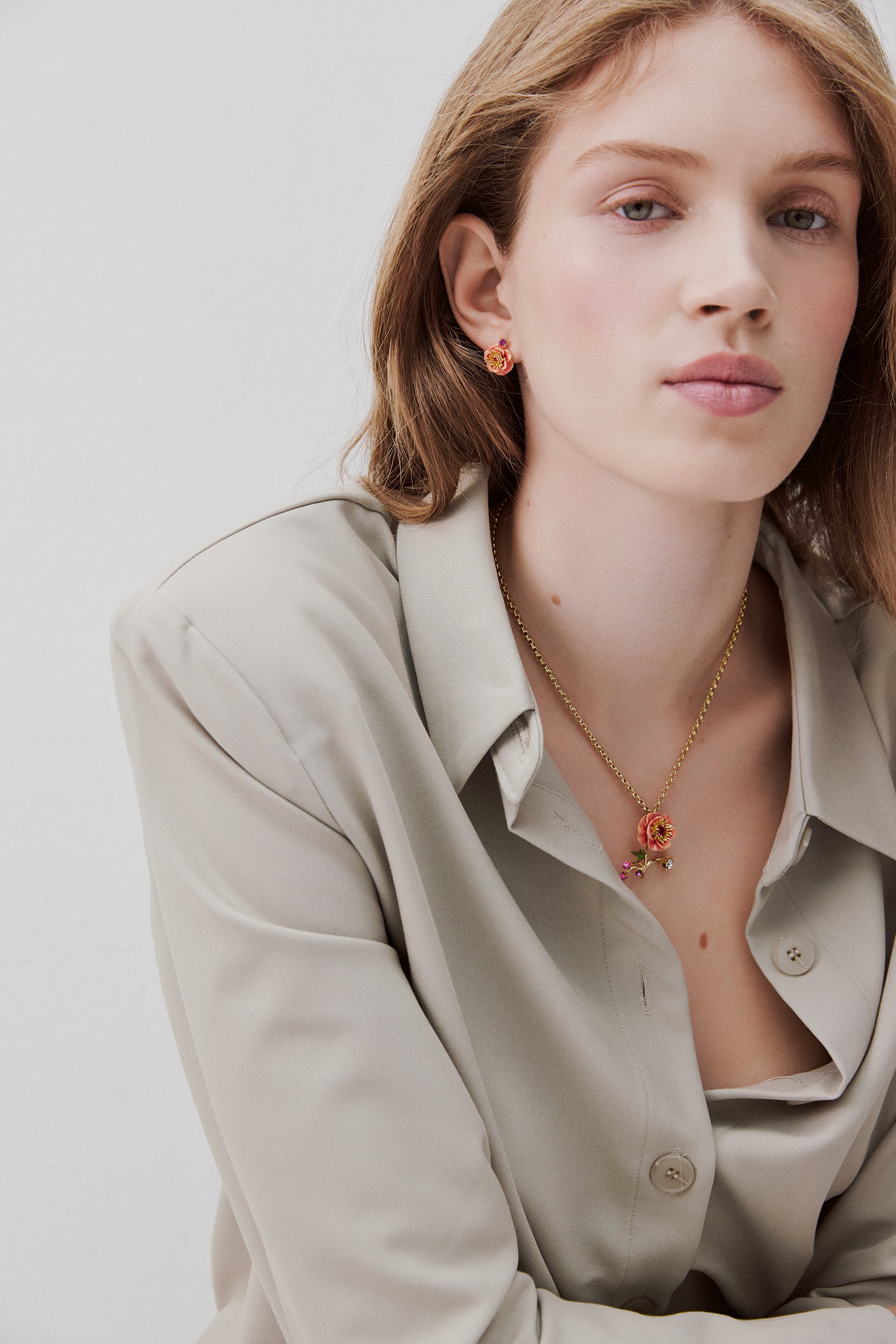 Pink anemone, rose bud and crystal necklace