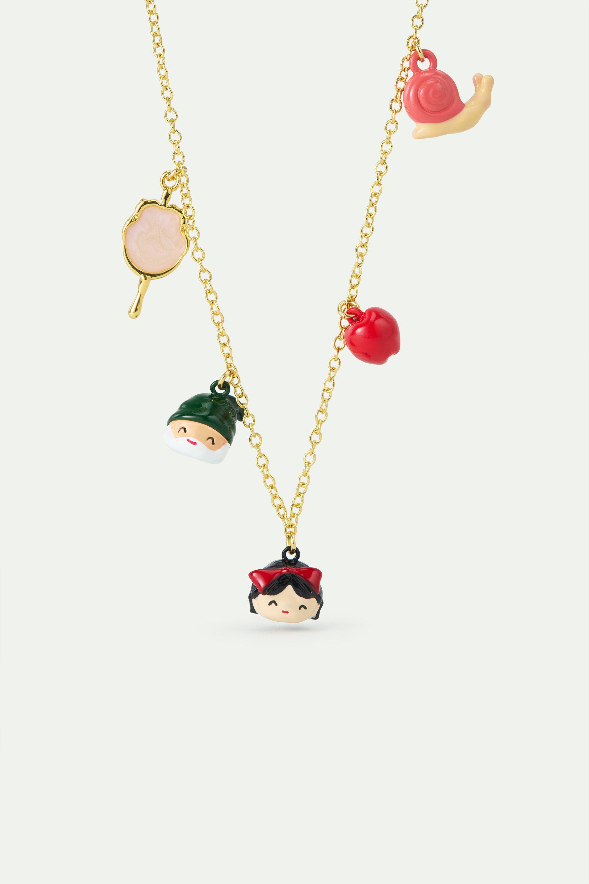 Snow White, Dward, mirroir, apple and snail pendant necklace