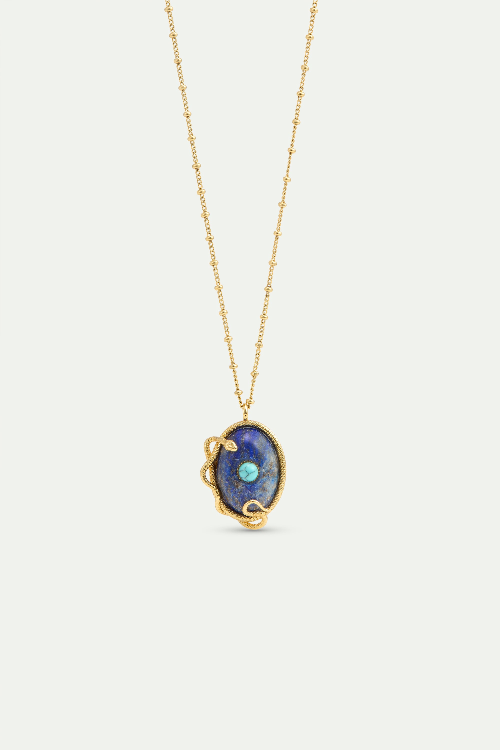 Lapis lazuli, turquoise and gold snake pendant necklace