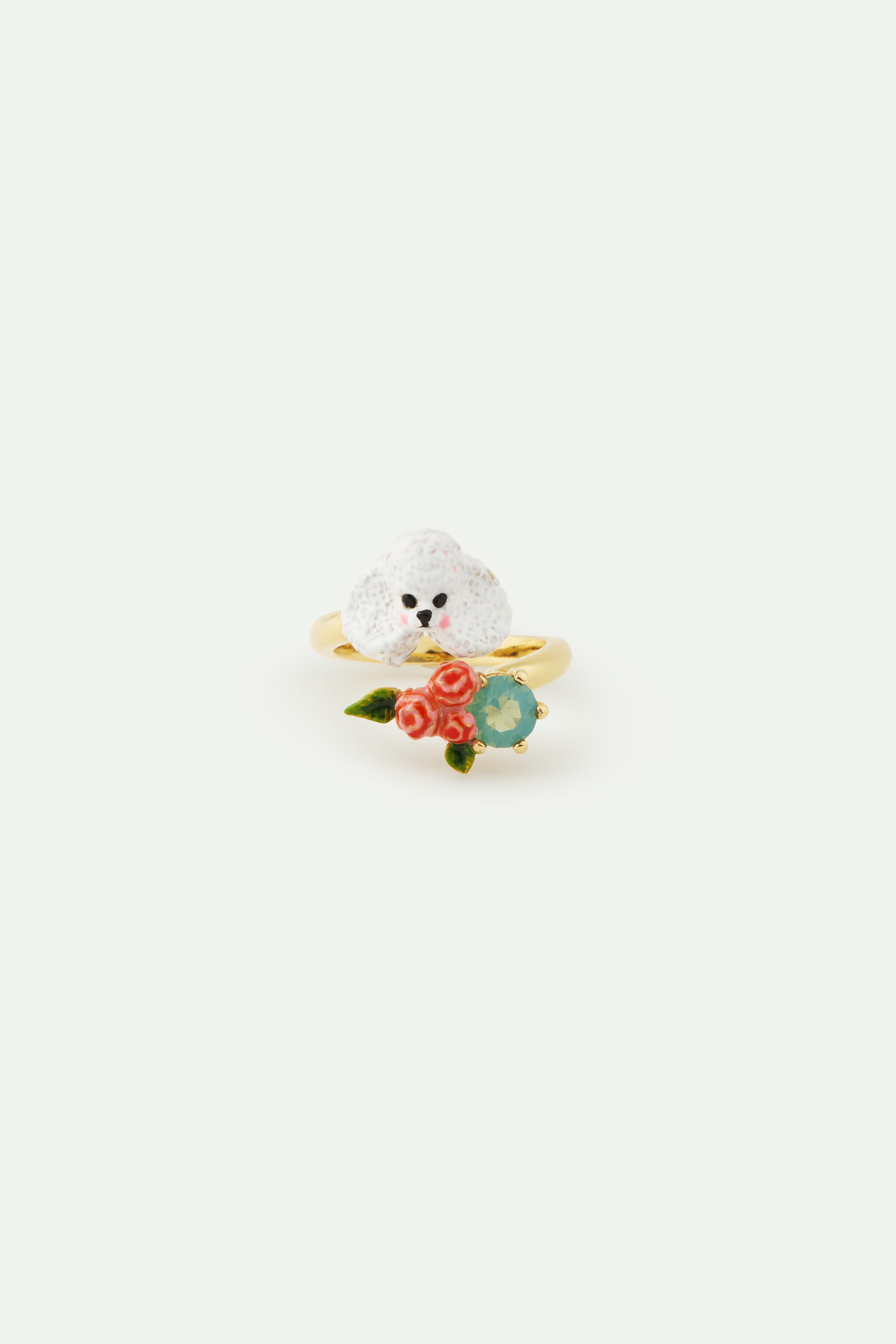 Poodle adjustable ring with pink roses and a blue stone