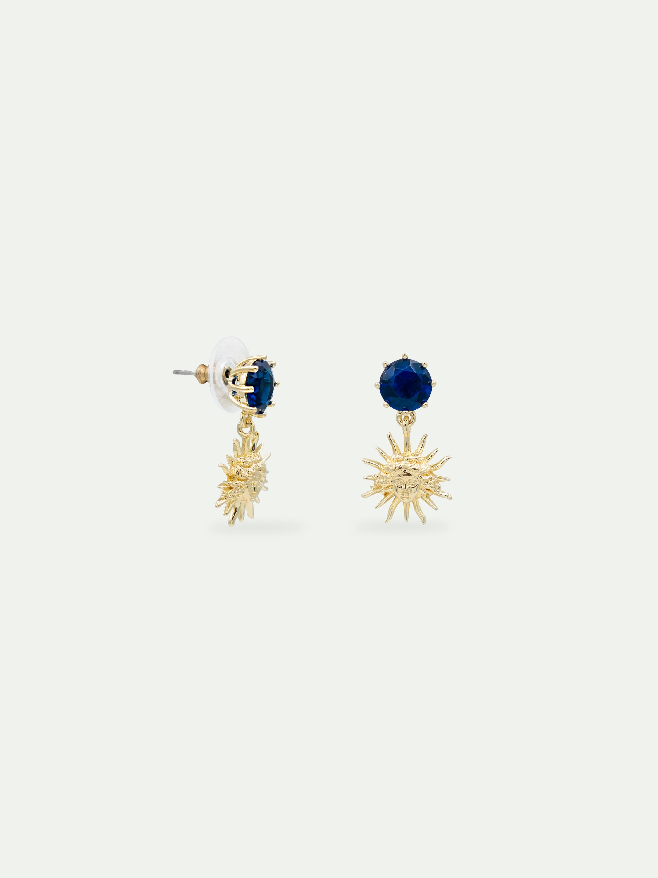 Sun King and round blue stone sleeper earrings