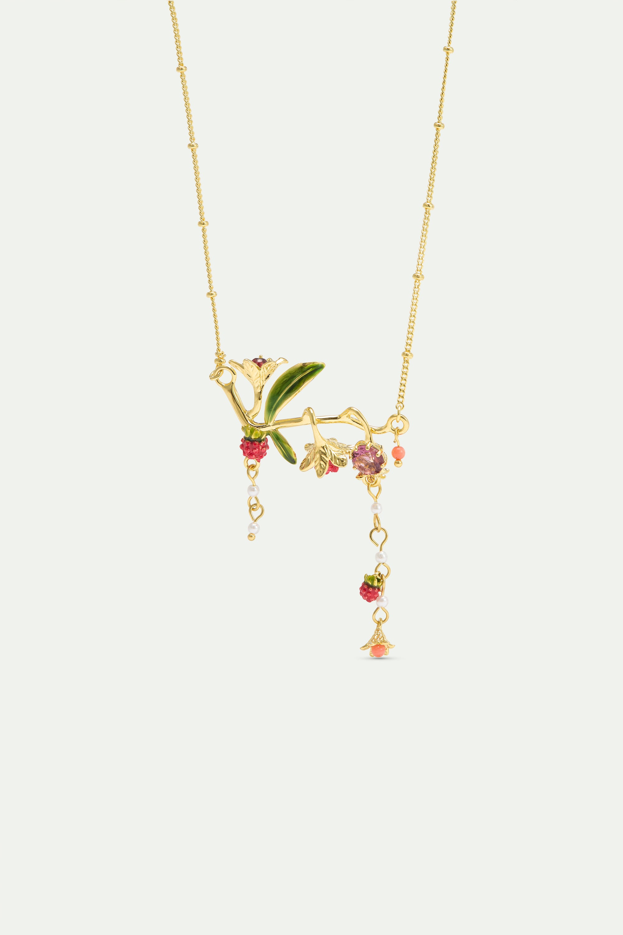 Statement necklace with flowers, raspberries, pink stone and pearls