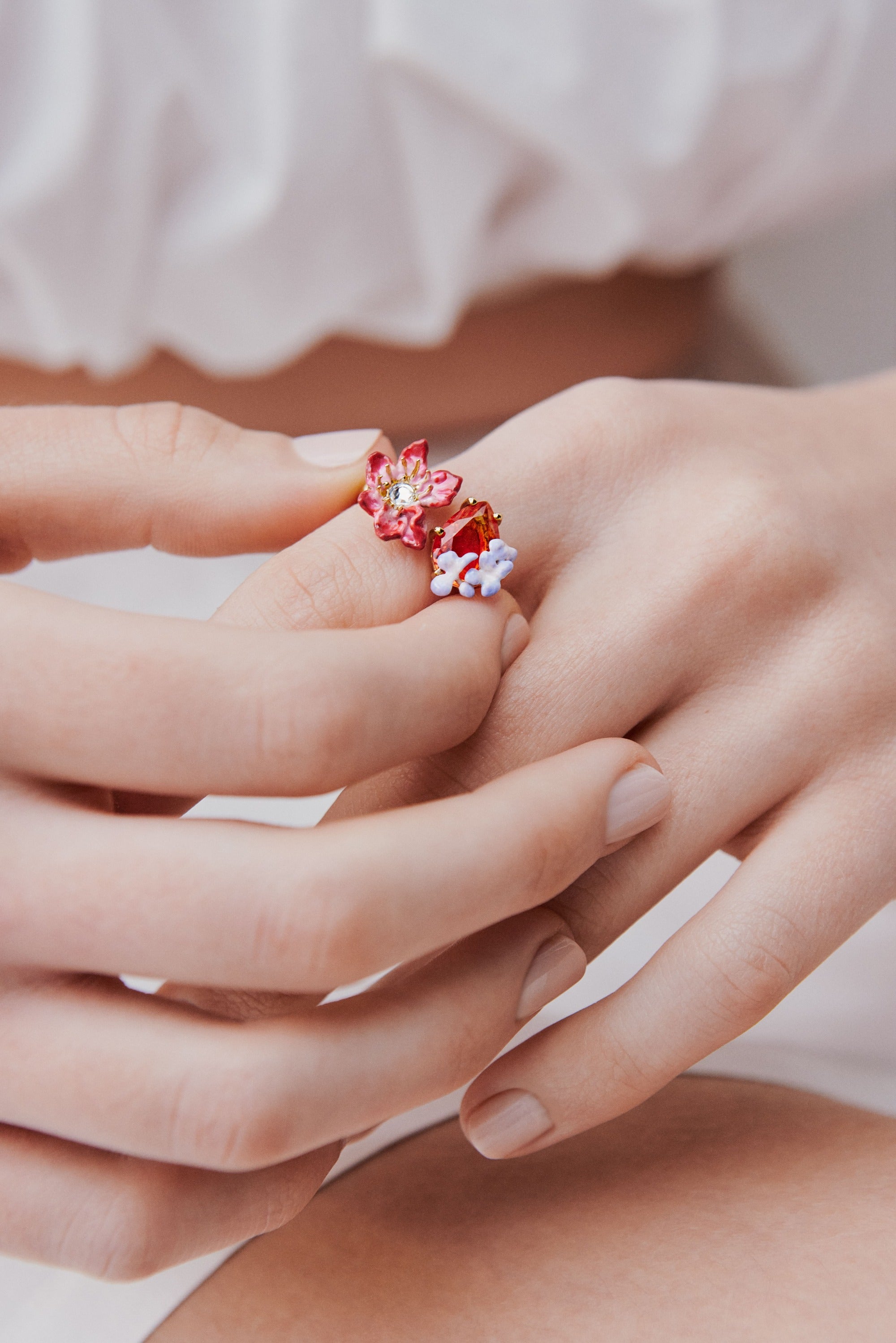 Pink clementis, faceted glass and purple wisteria adjustable ring
