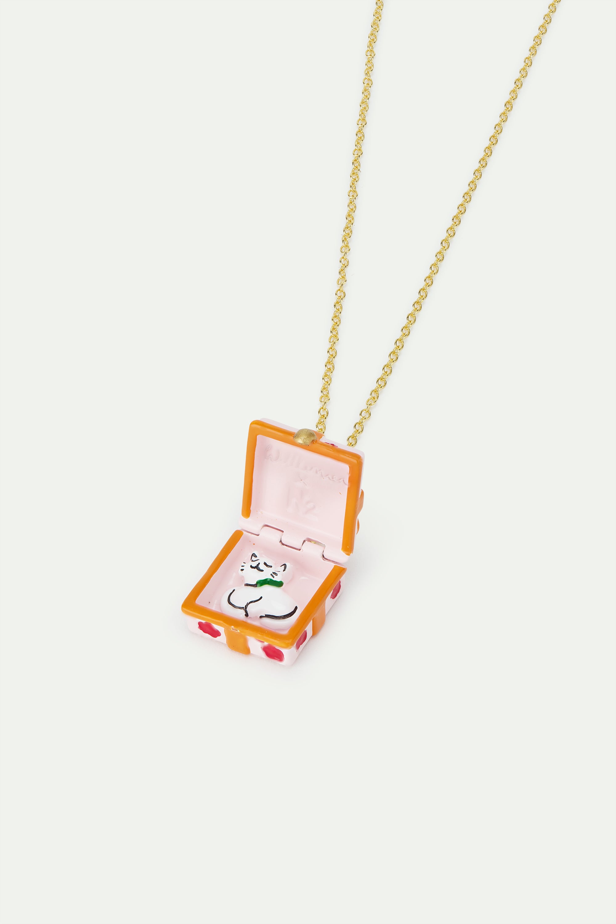Pendant necklace with pink gift box, red flower and orange bow