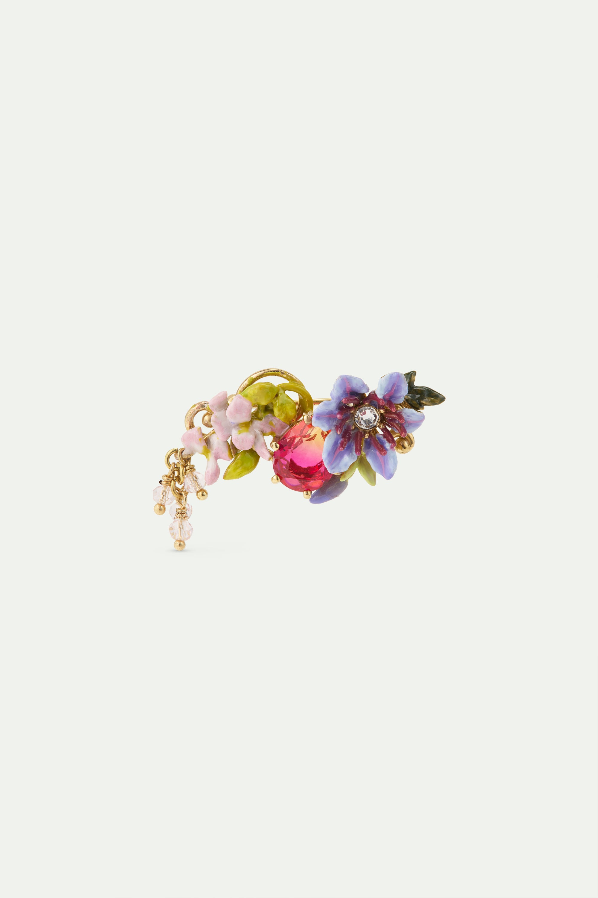 Brooch with purple clematis, two-tone faceted glass, ivy, pink and purple wisteria and dangling faceted crystal beads