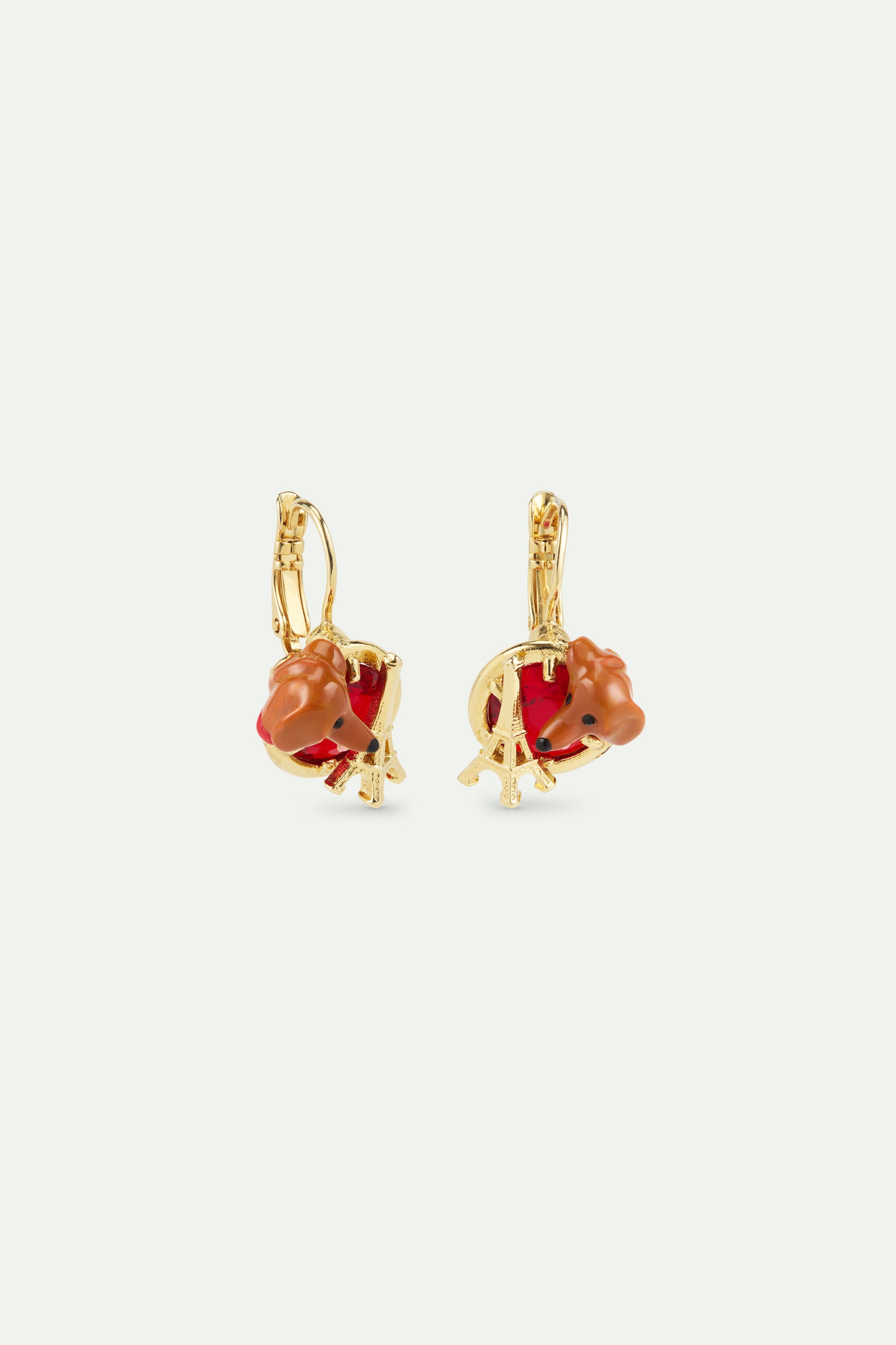 Dachshund sleeper earrings with Eiffel tower and garnet red round stone