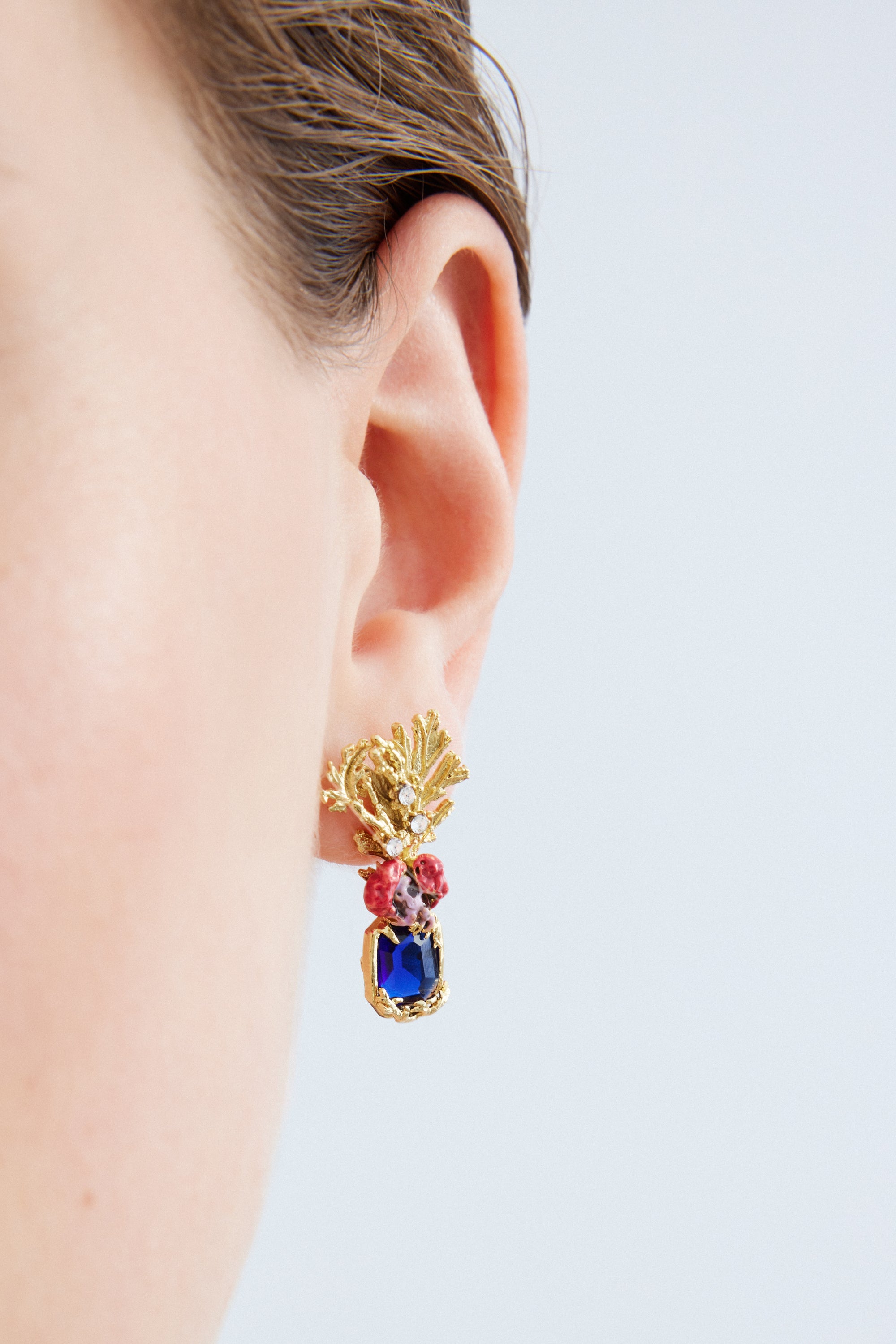 Coral earrings with blue faceted stone, pink flower and golden coral
