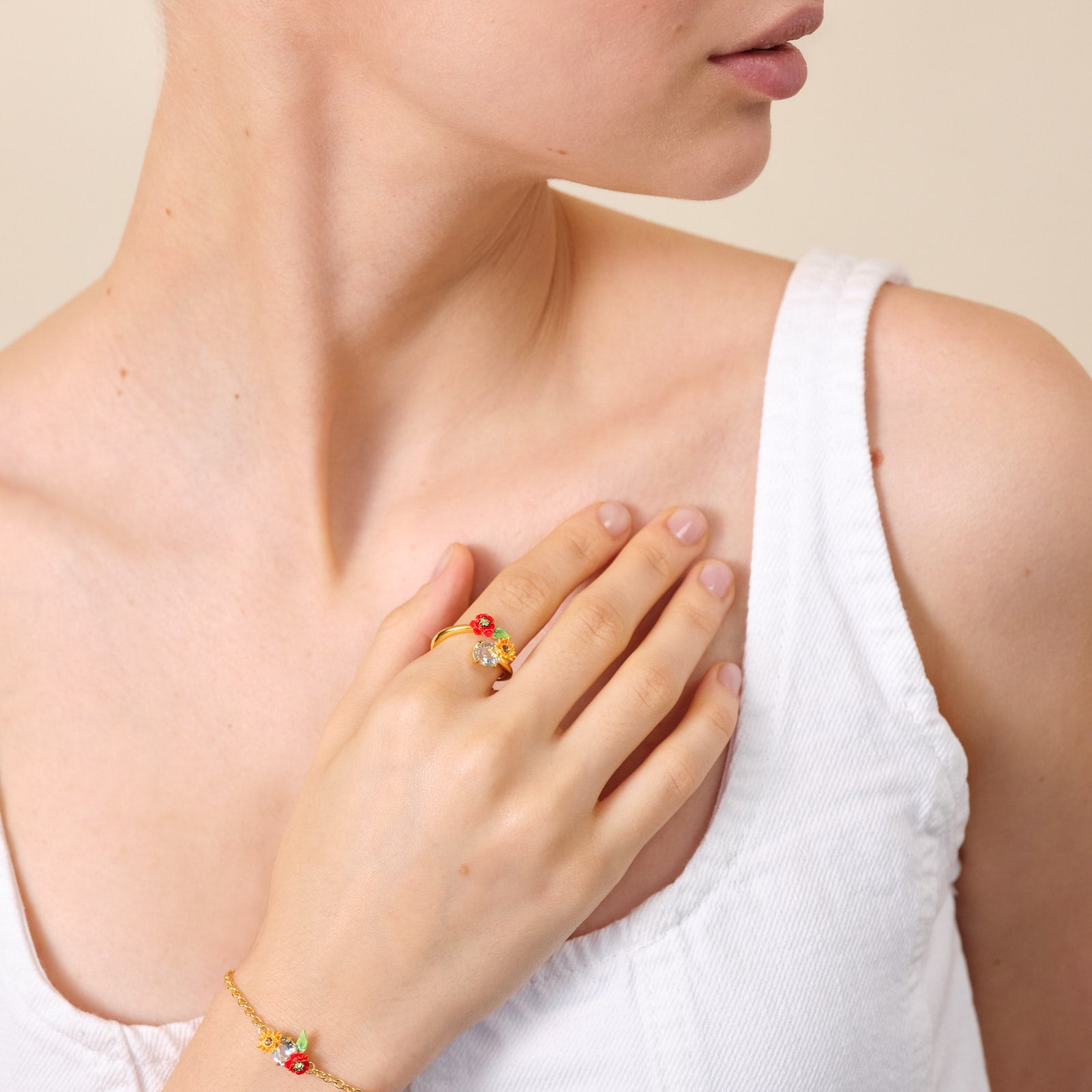 Wildflower and round stone adjustable ring