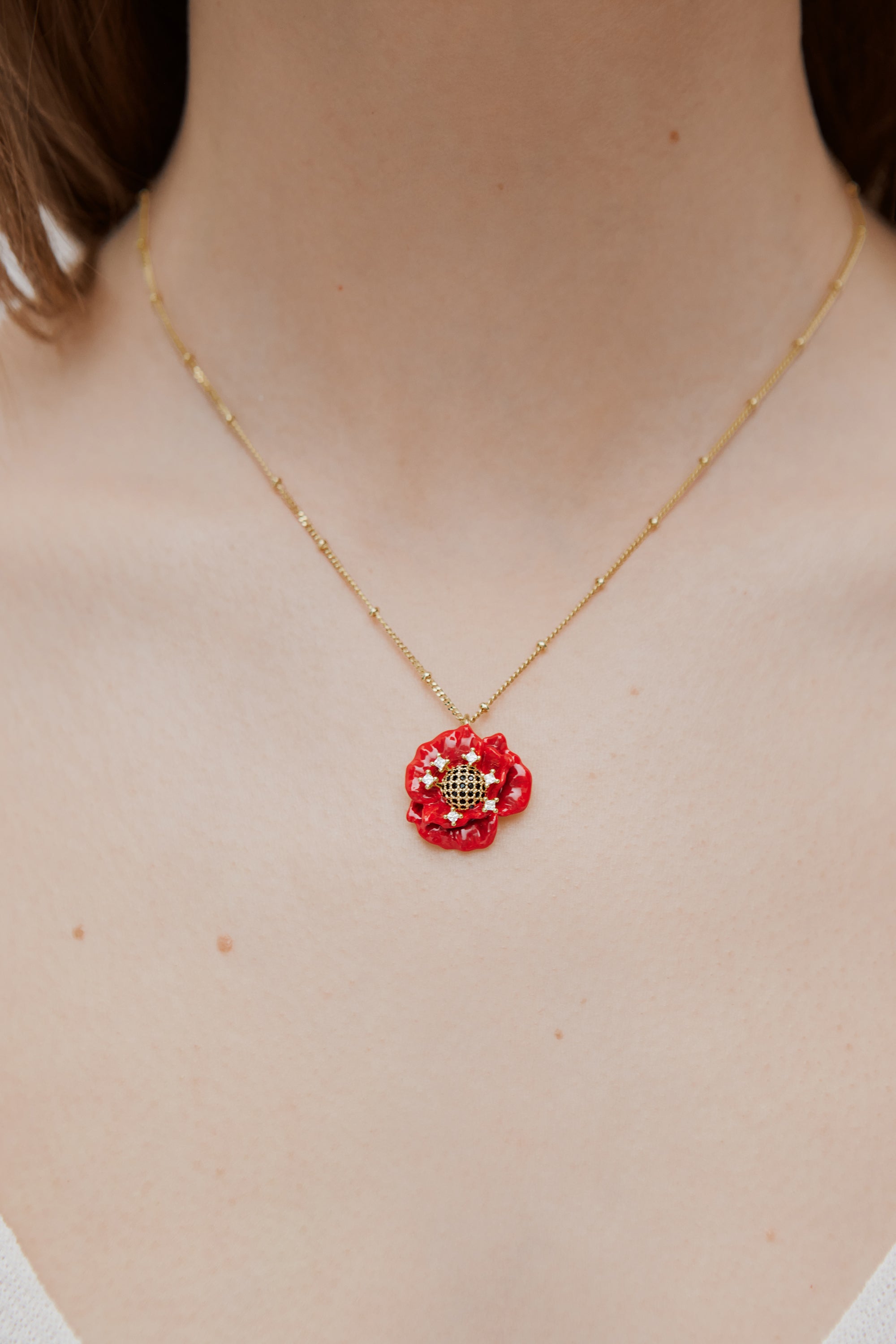 Red poppy and cubic zirconia pendant necklace