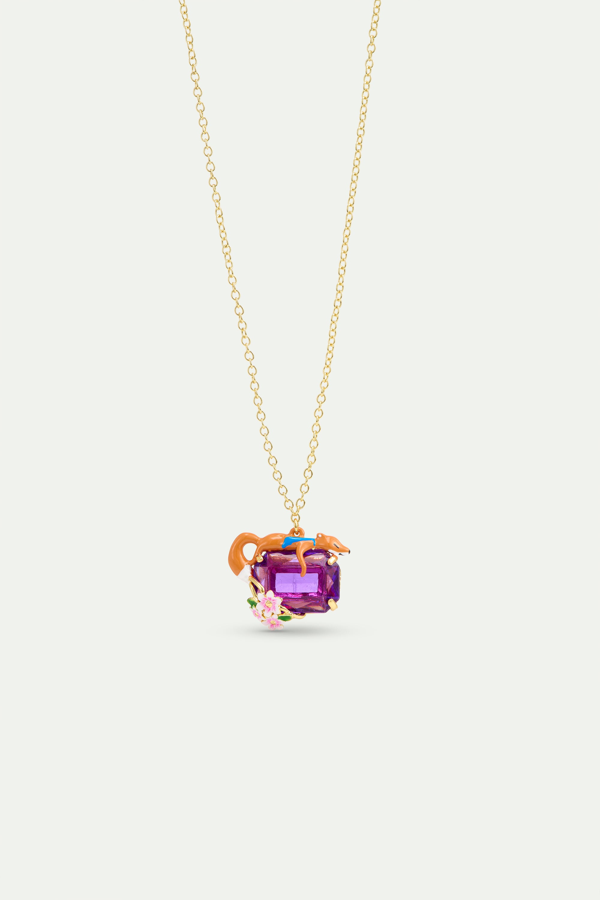 Collier pendentif pierre rectangulaire violette, Renard et fleurs