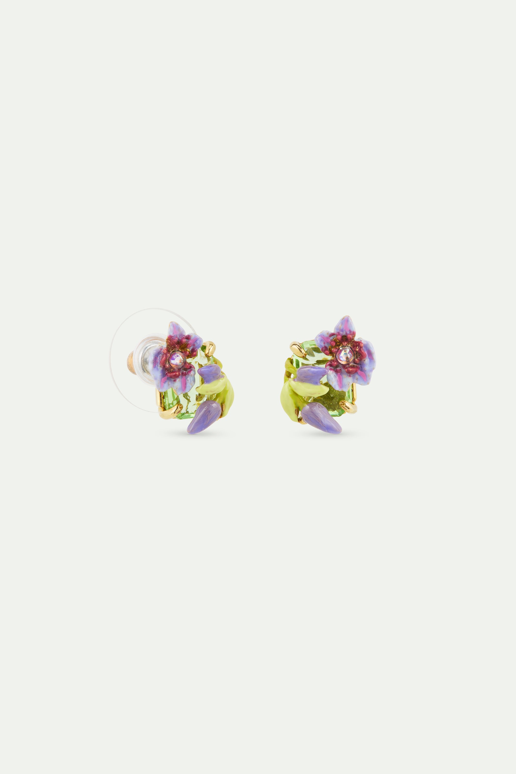 Purple clematis, ivy and emerald-cut faceted green glass post earrings