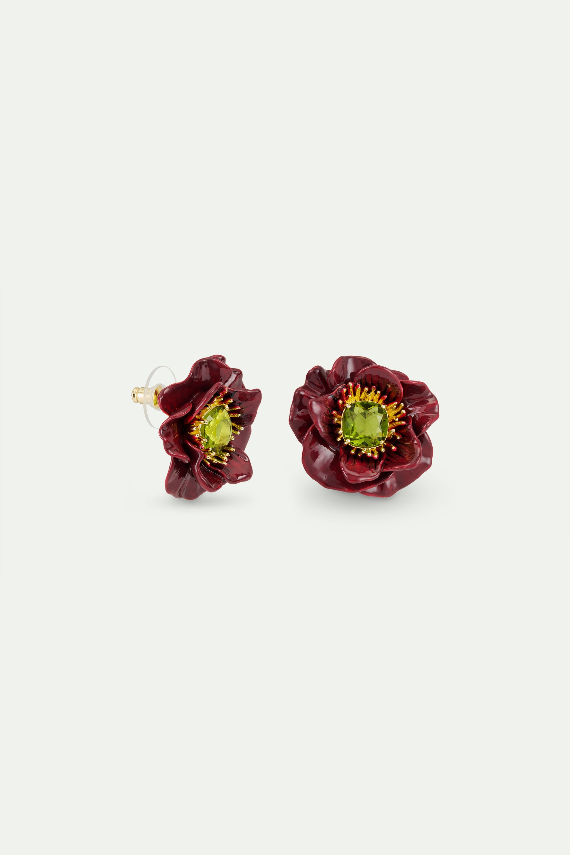 Burgundy anemone flower and green faceted stone earrings