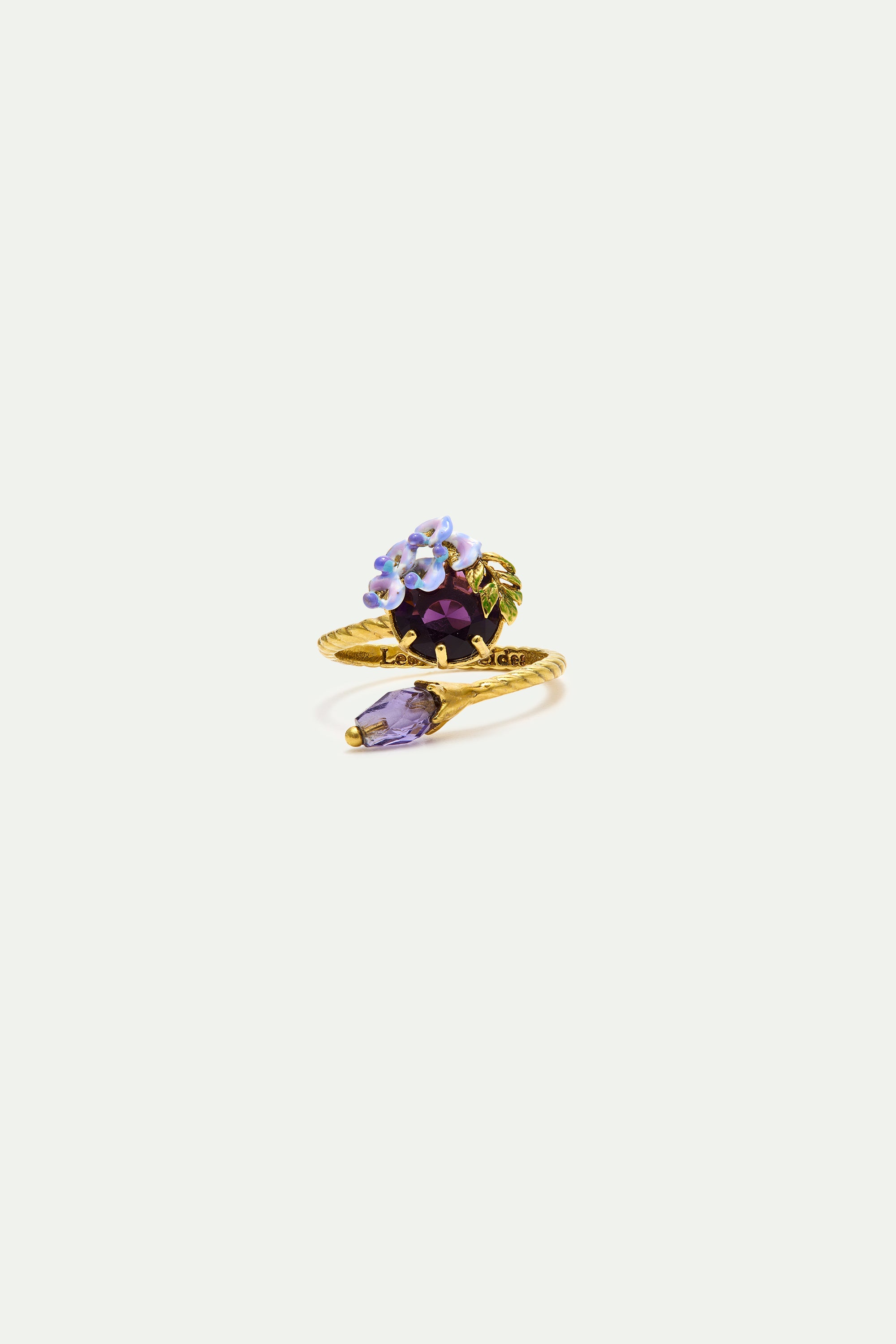Adjustable ring with round stone, wisteria, and purple crystal