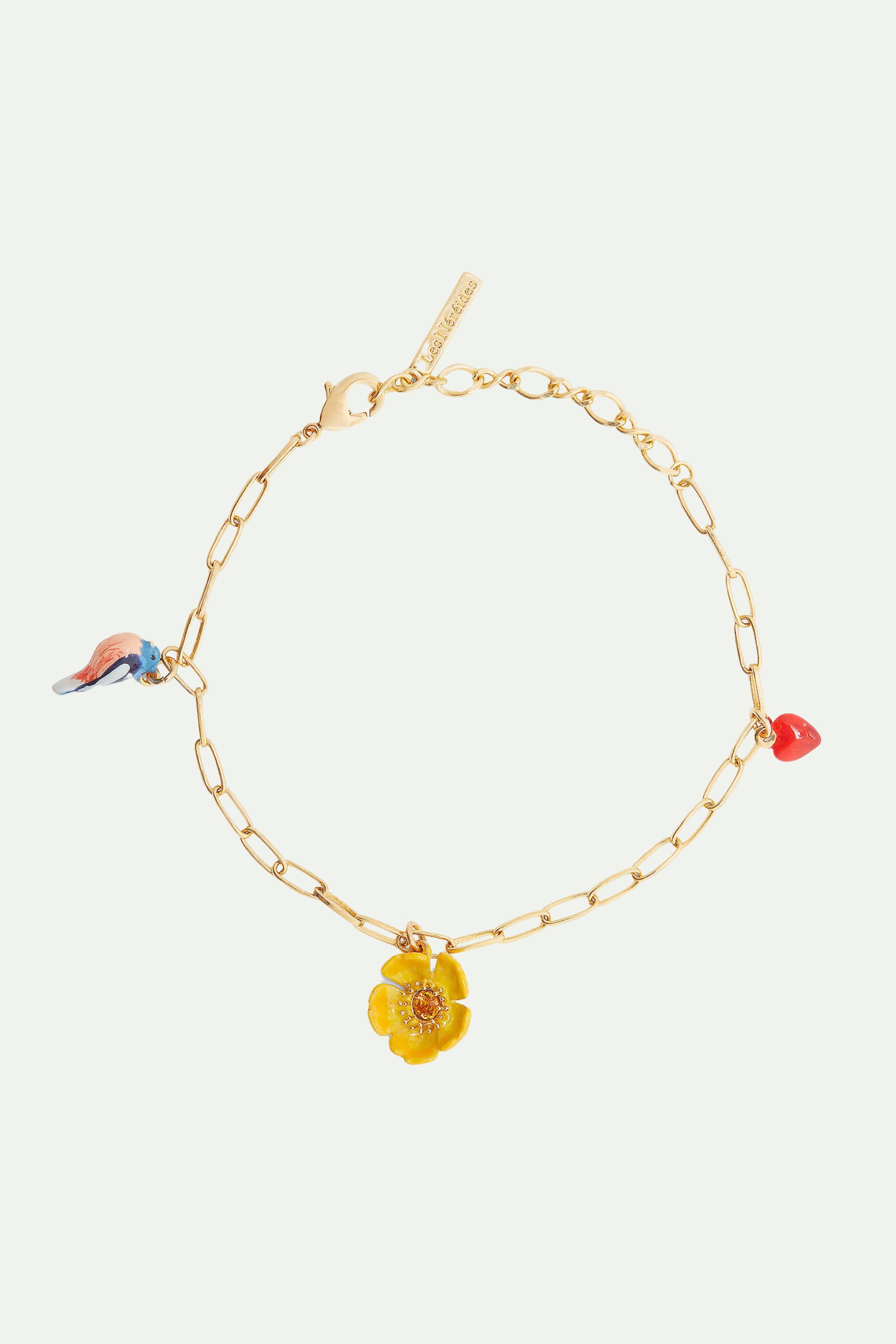 Bird, buttercup and heart charm bracelet