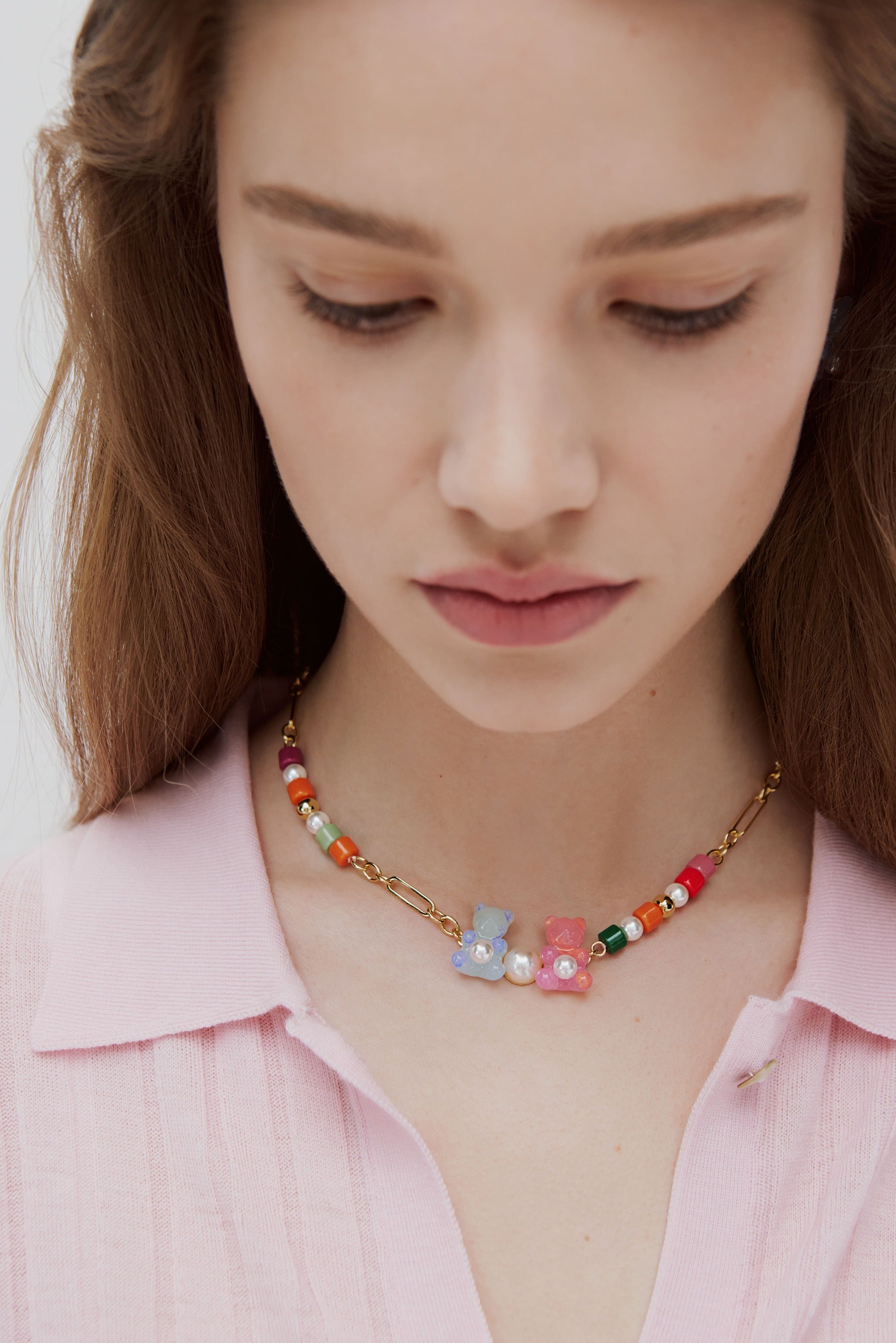 Blue and pink teddy bear sweet necklace and colourful beads