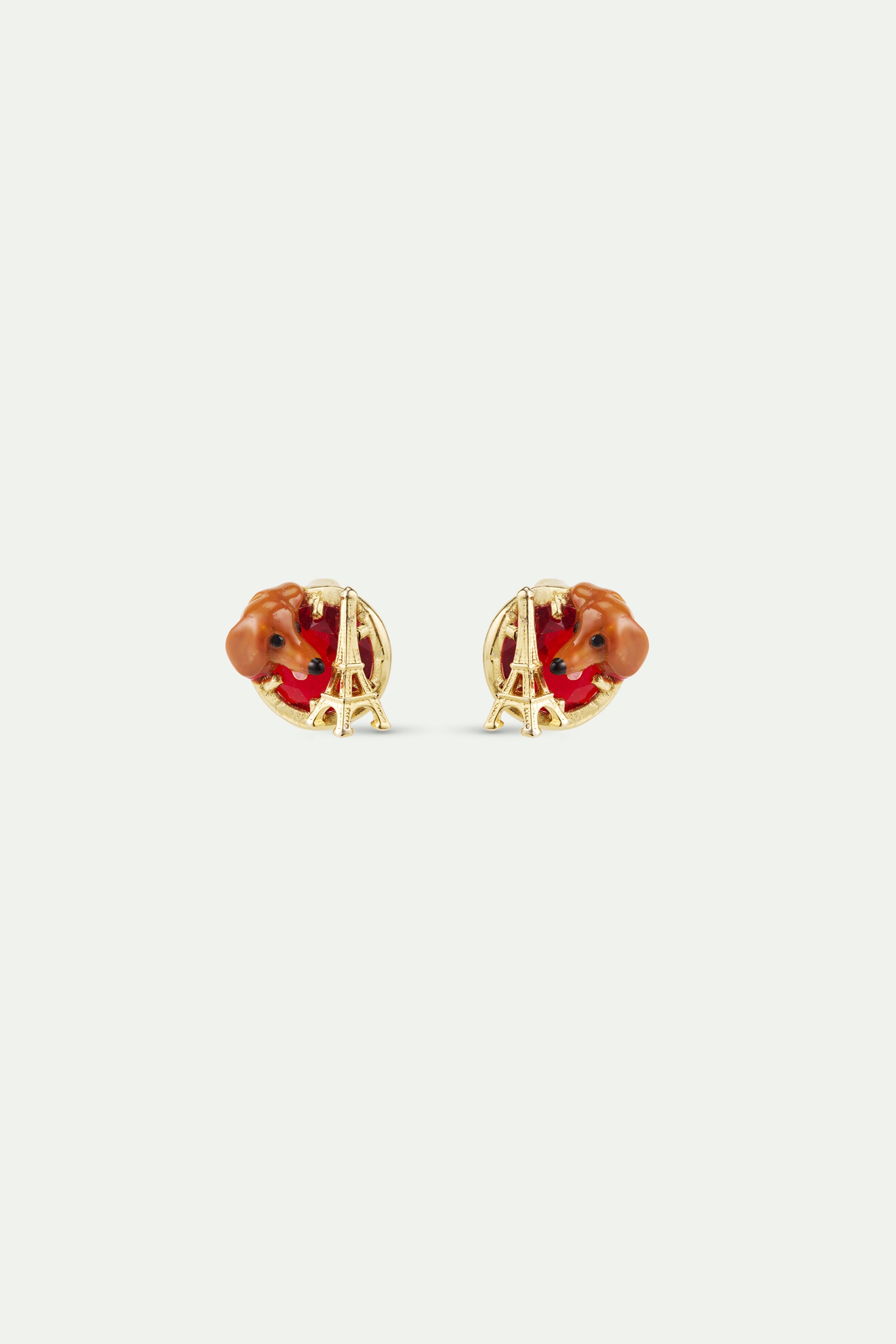 Dachshund post earrings with Eiffel tower and garnet red stone