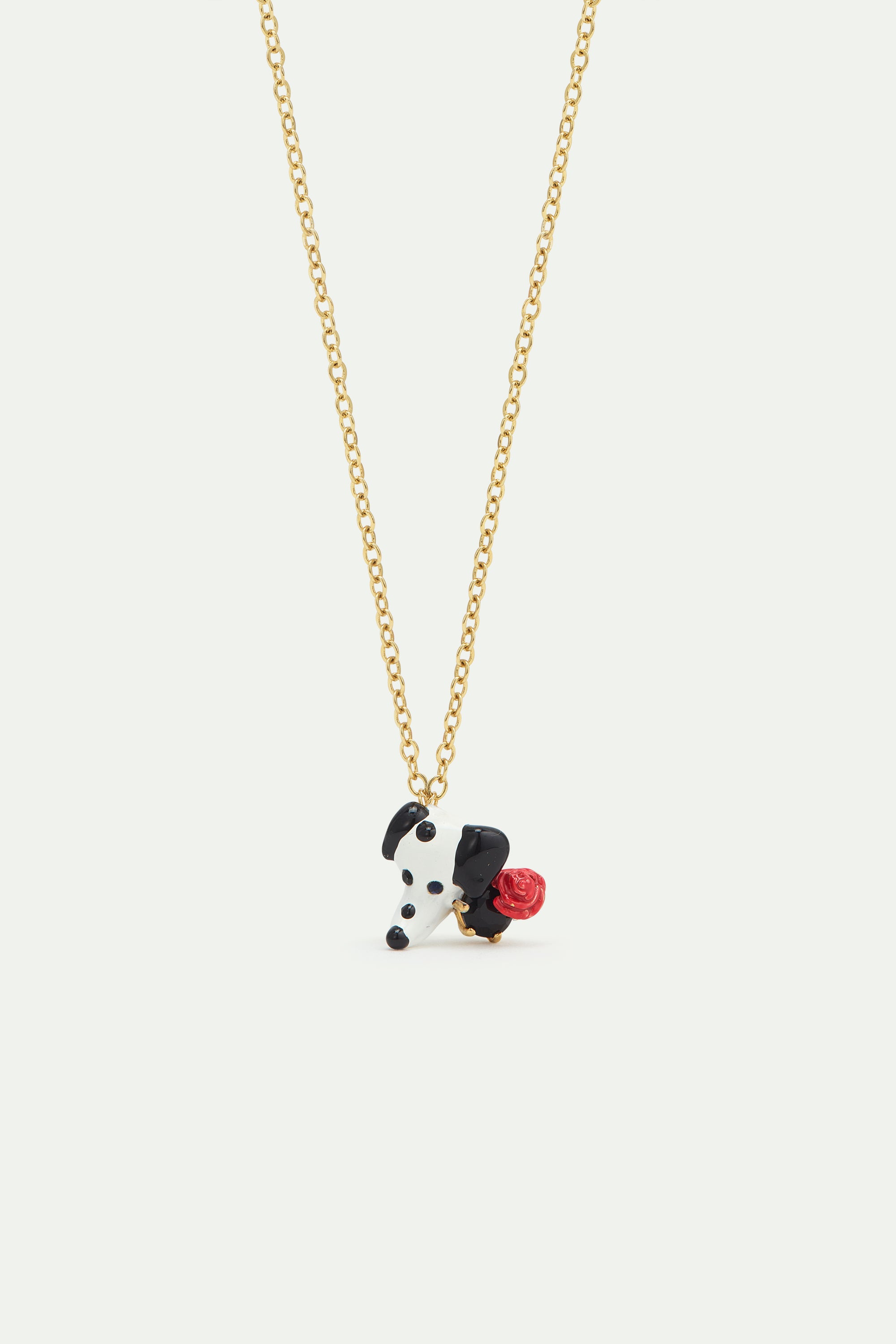 Dalmatian pendant necklace with black round faceted glass stone and red rose