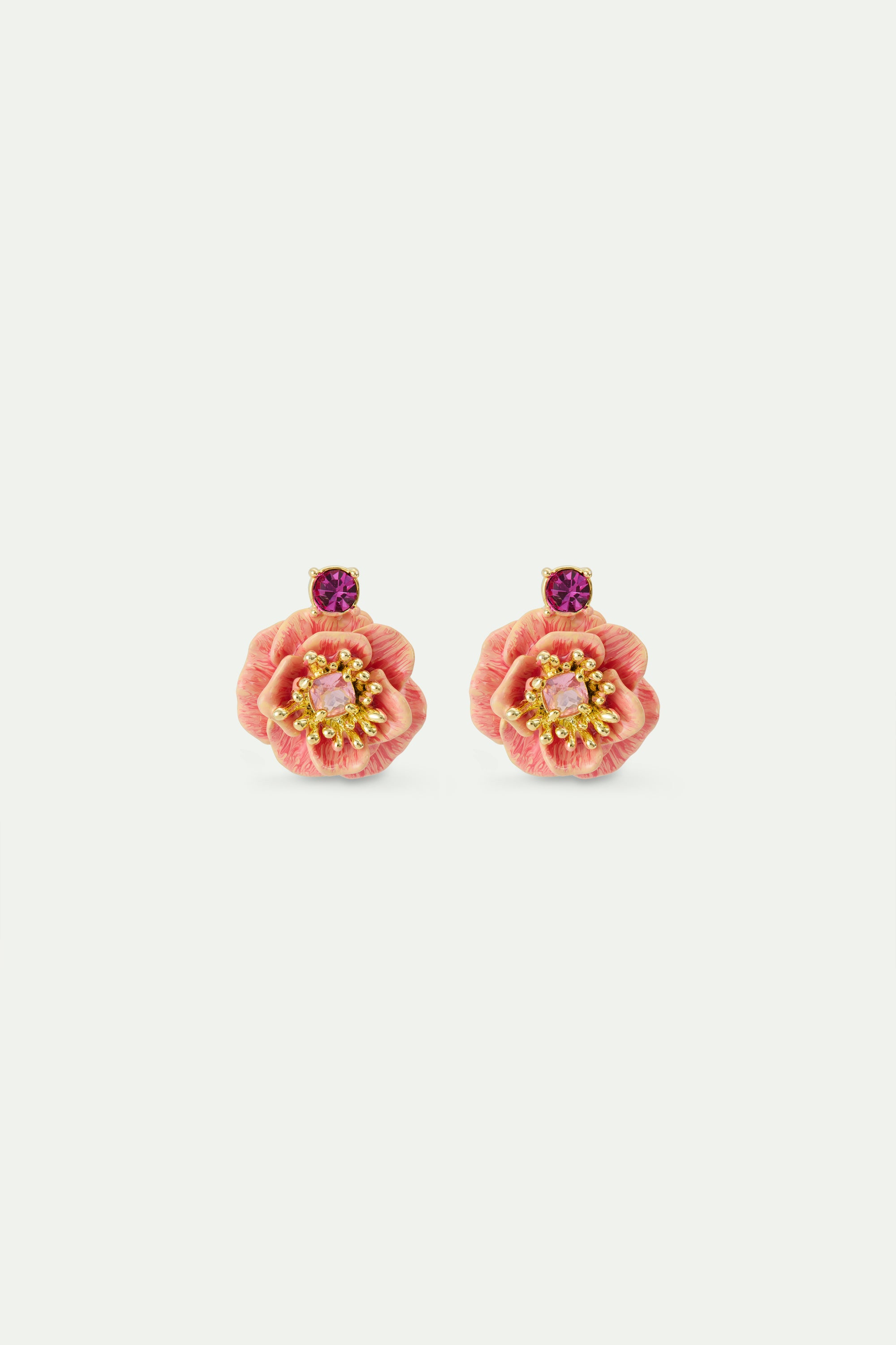 Pink anemone and crystal post earrings