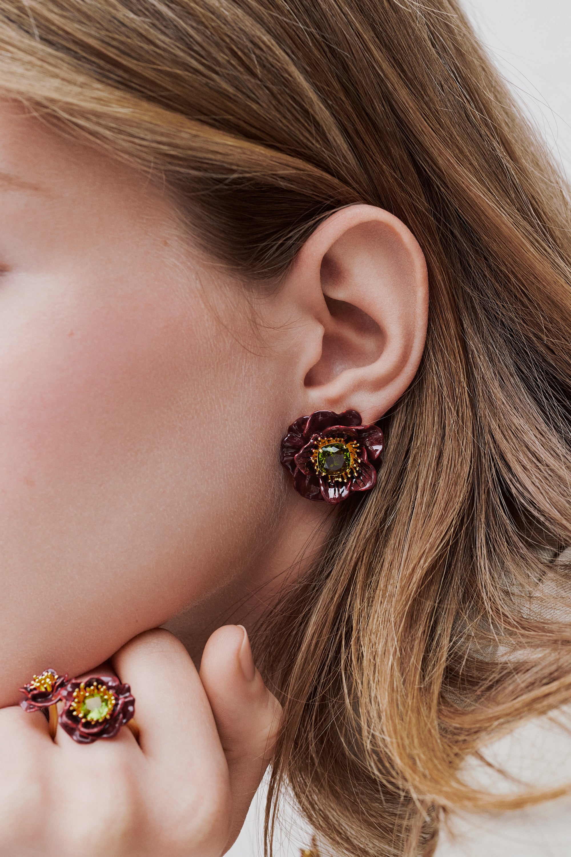 Burgundy anemone flower and green faceted stone earrings