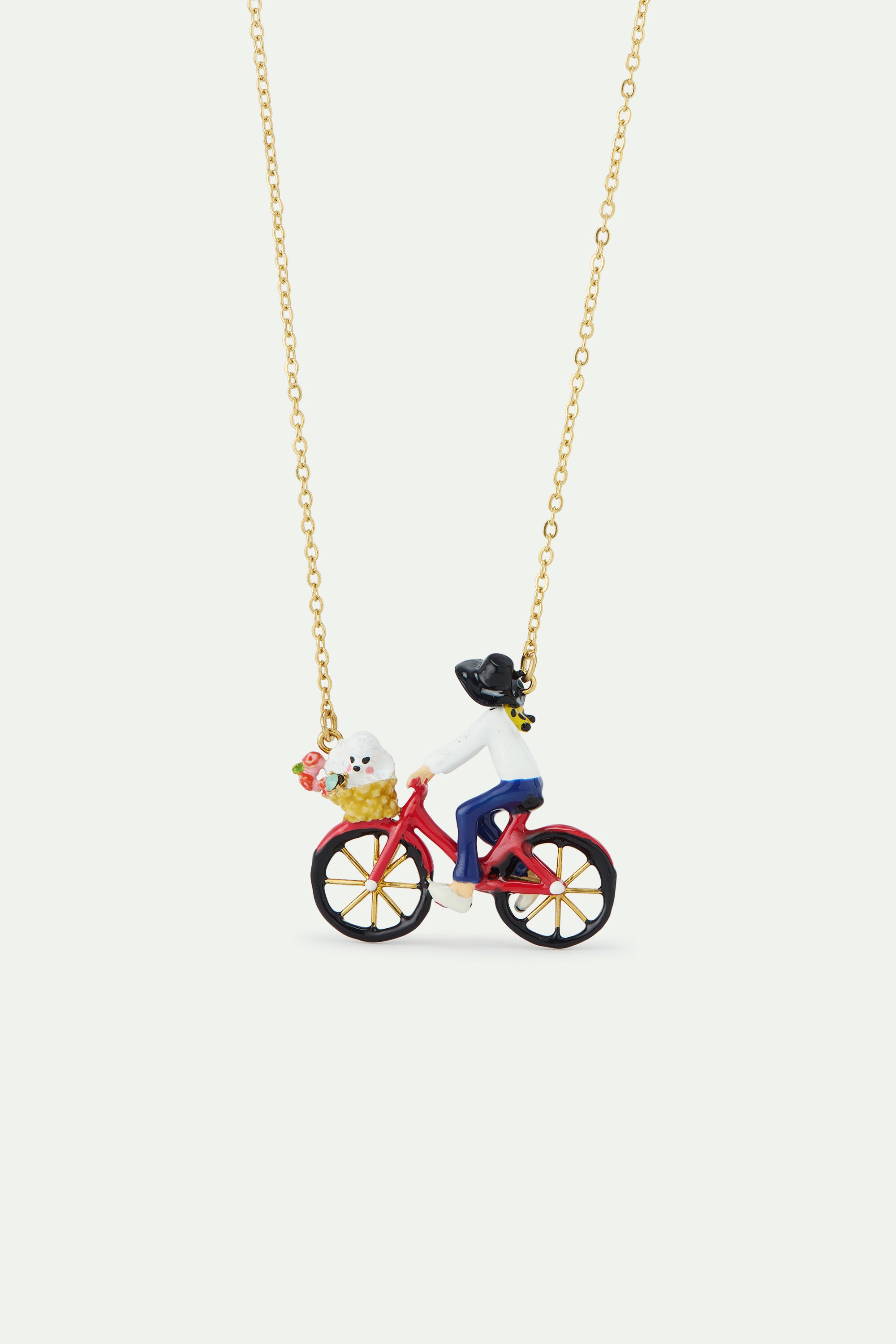Bicycle, poodle and bunch of flowers statement necklace