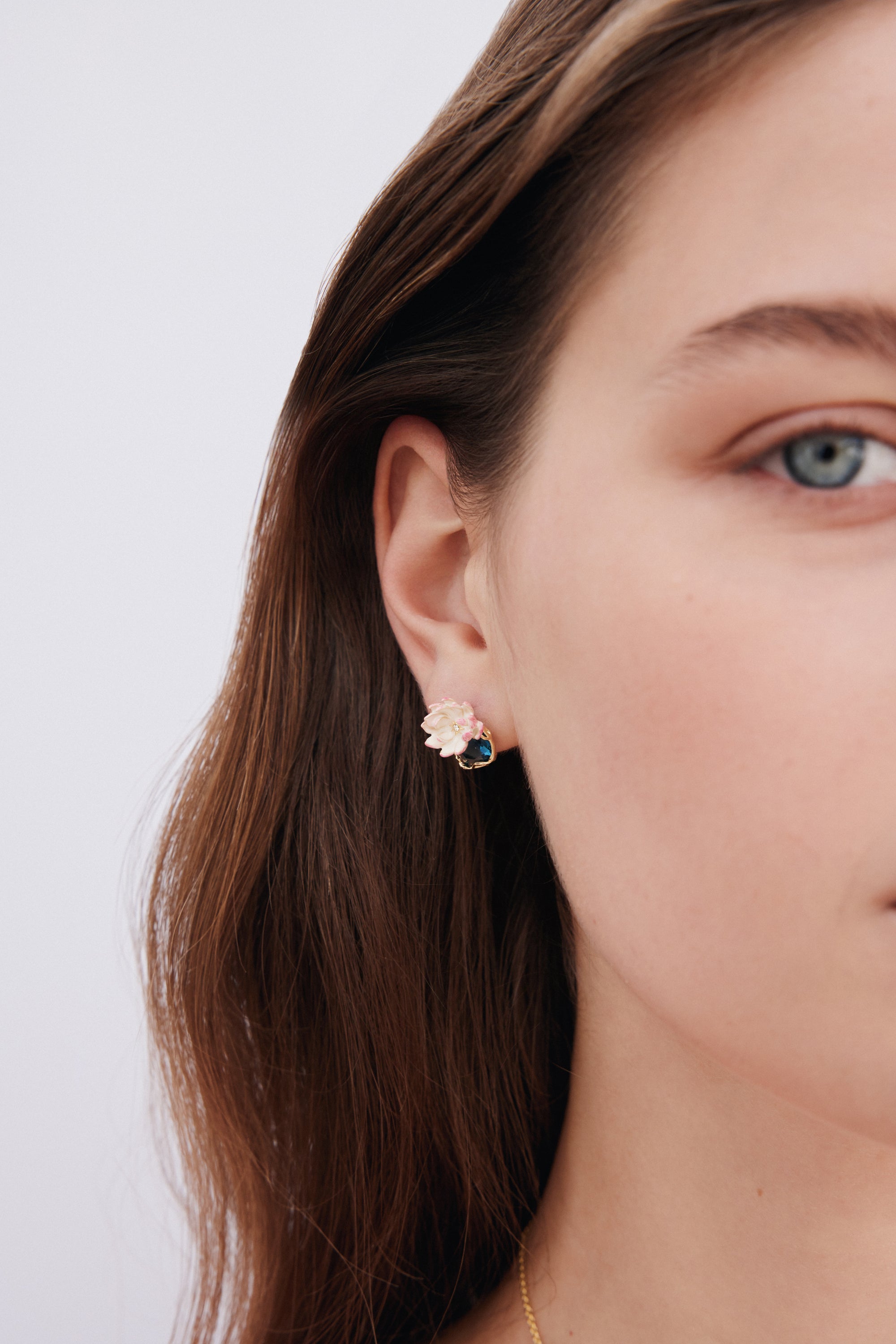 Pink water lily and round blue stone clip-on earrings