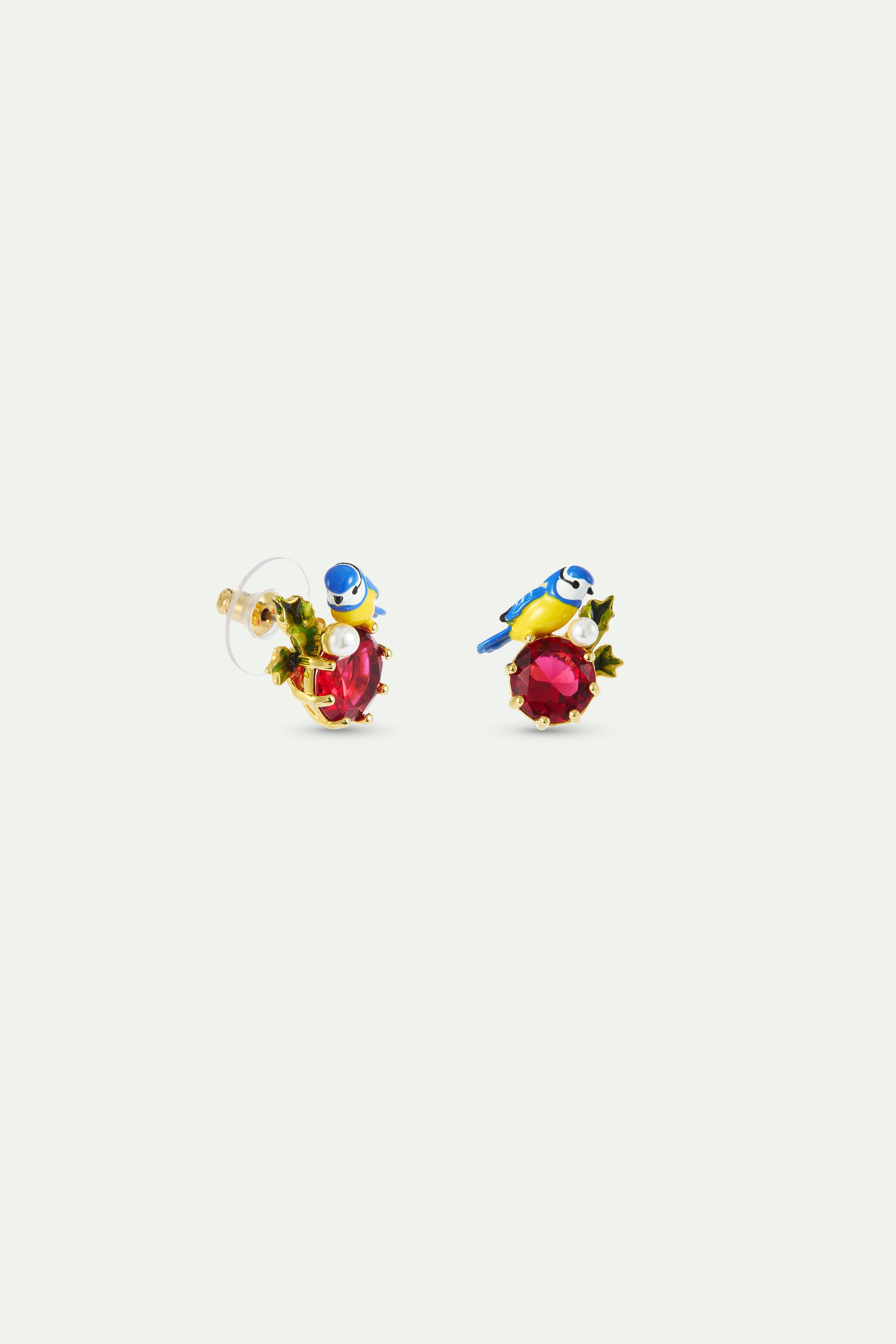 Blue tit and round red stone post earrings