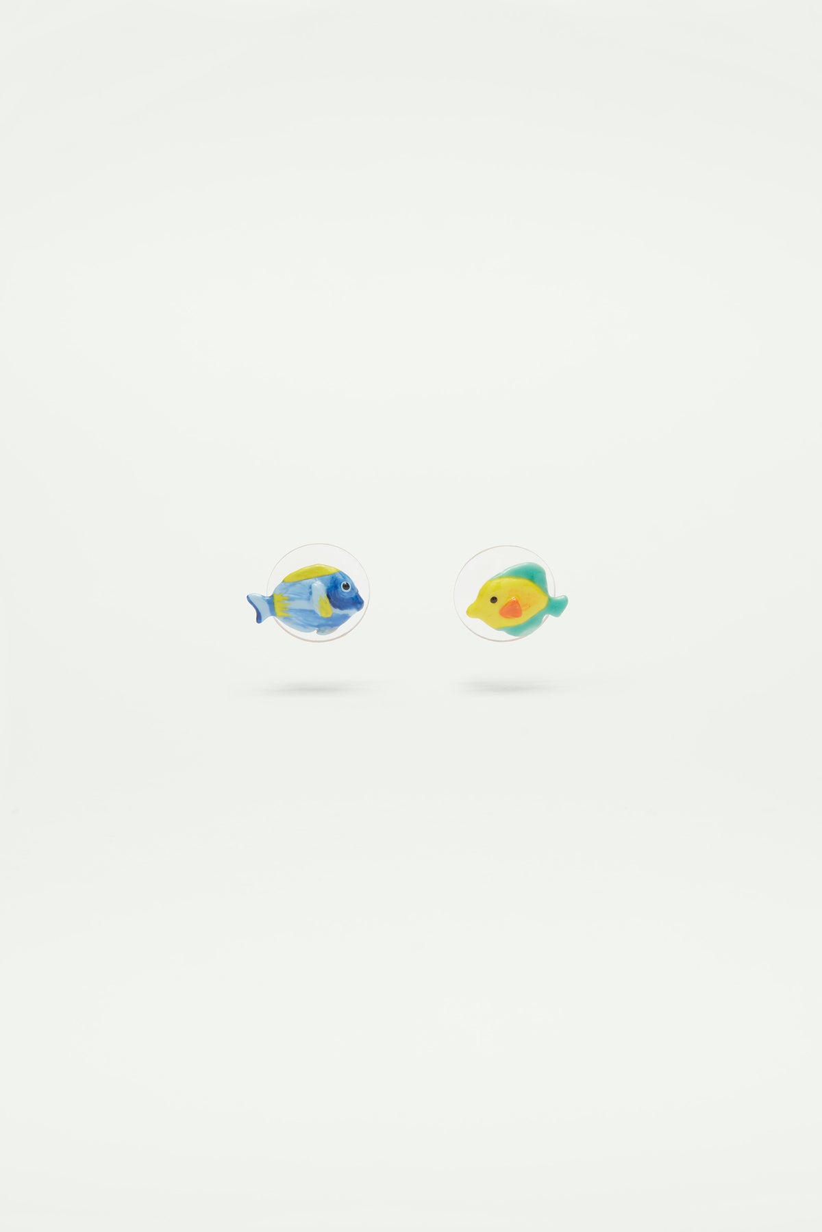 Asymmetrical blue fish and yellow fish post earrings