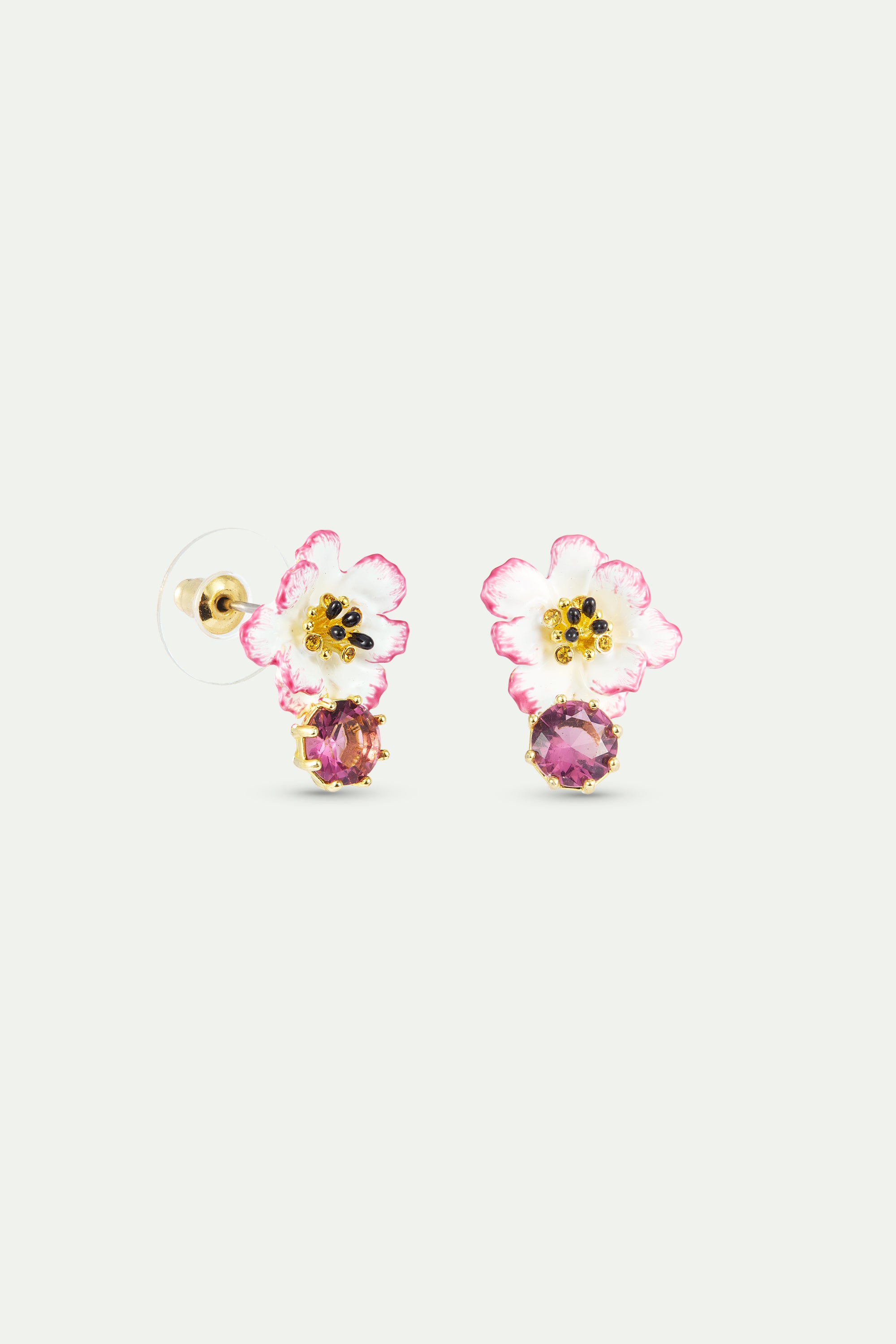 Pendientes cosmos blanco y rosa y piedra redonda rosa
