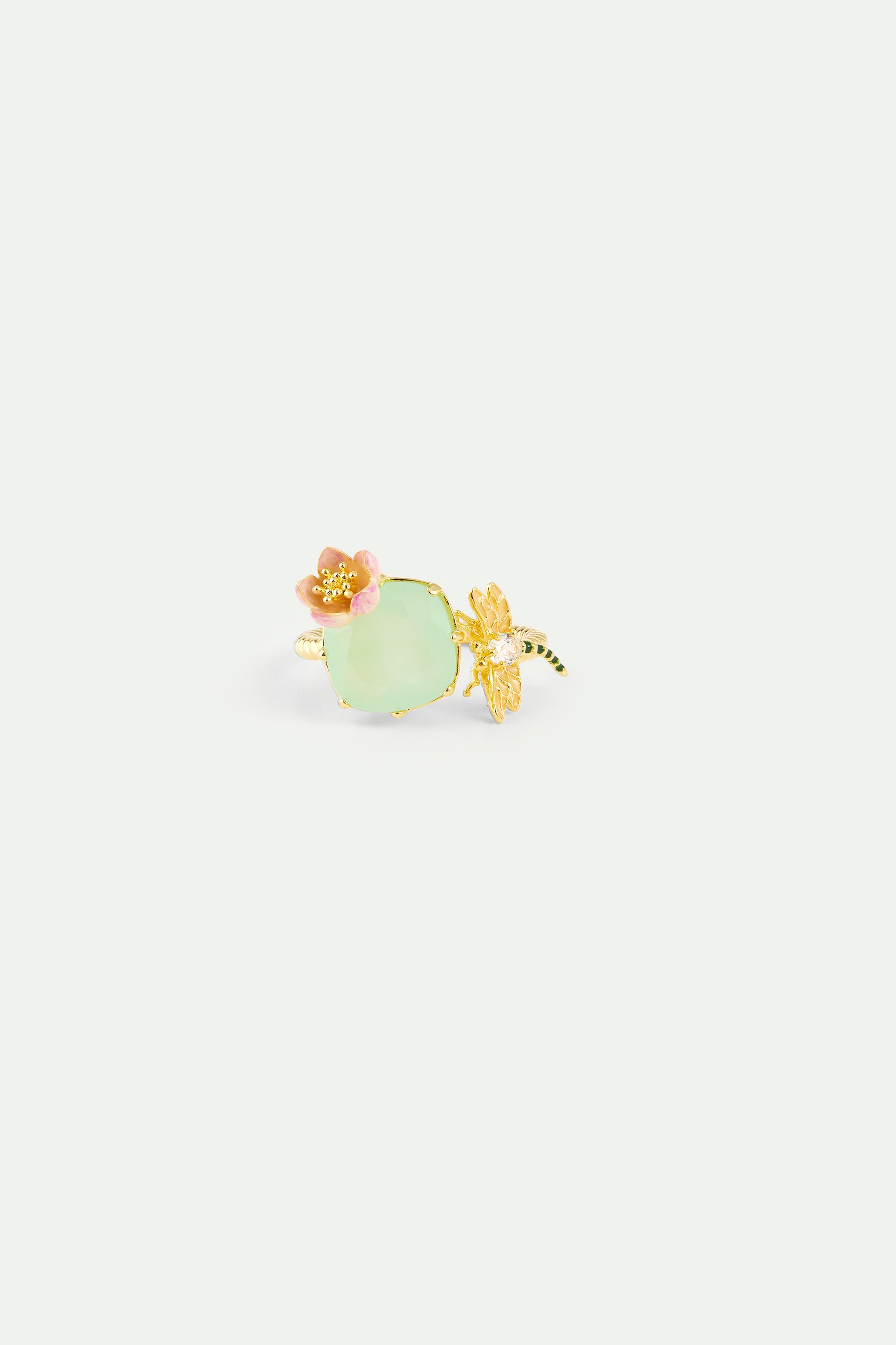 Bague ajustable verre facetté vert, hellébore rose et libellule
