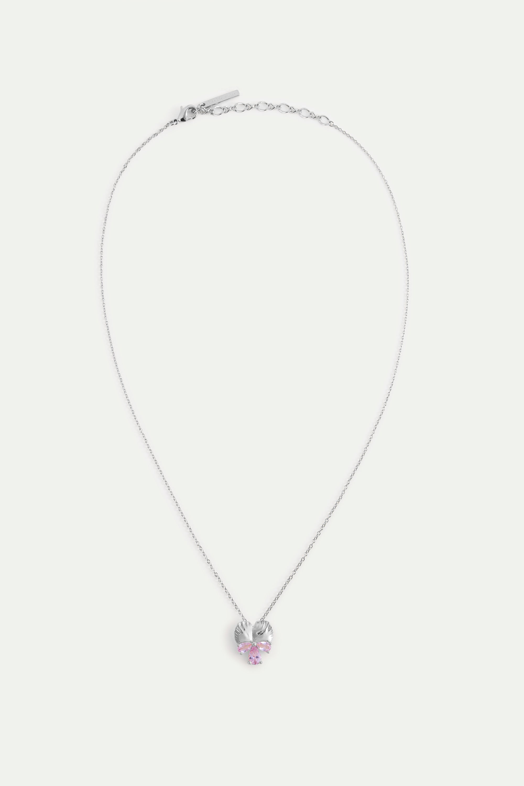 Silver pendant necklace with pansy and pink stones