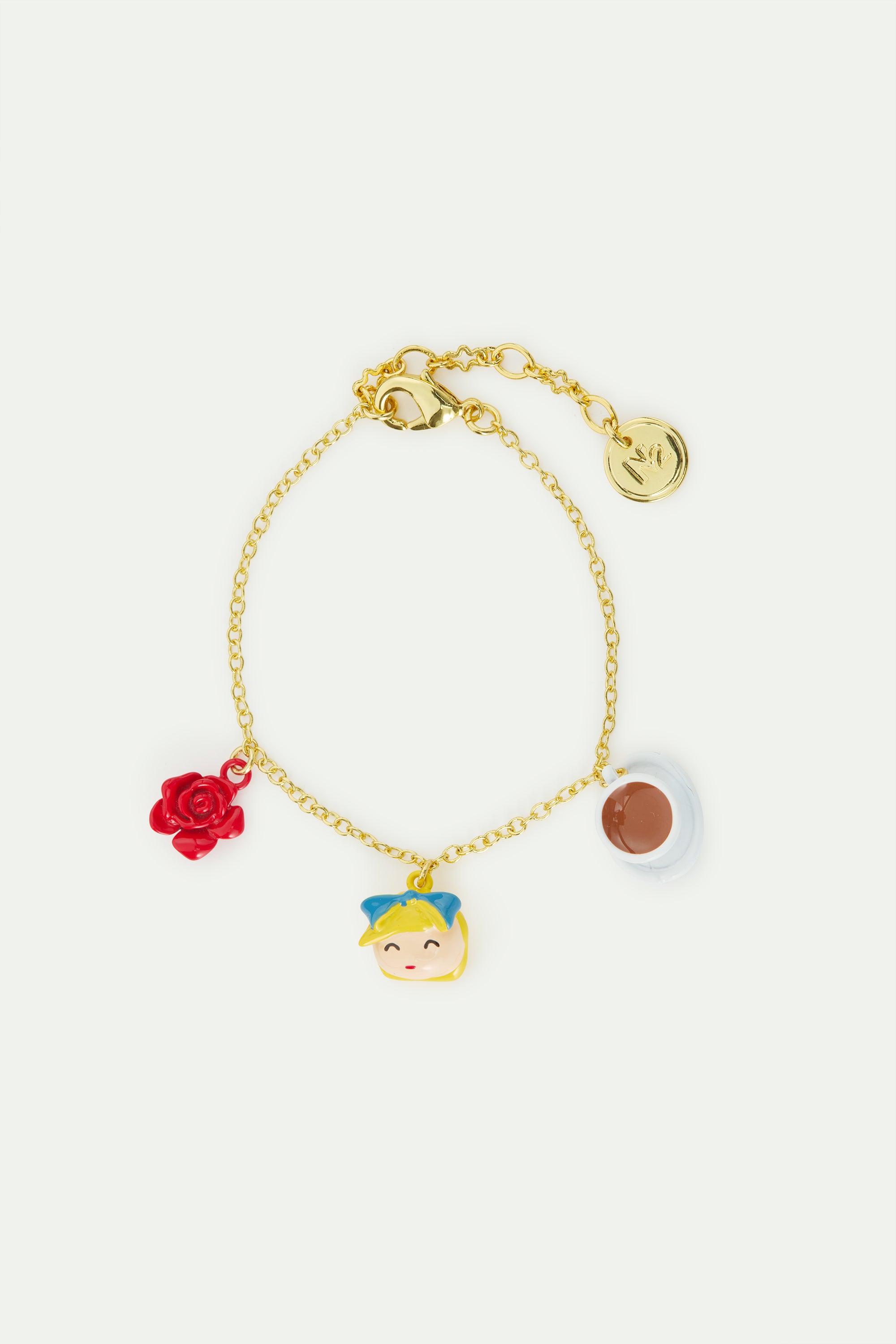 Fine bracelet featuring Alice in Wonderland, red rose and tea cup