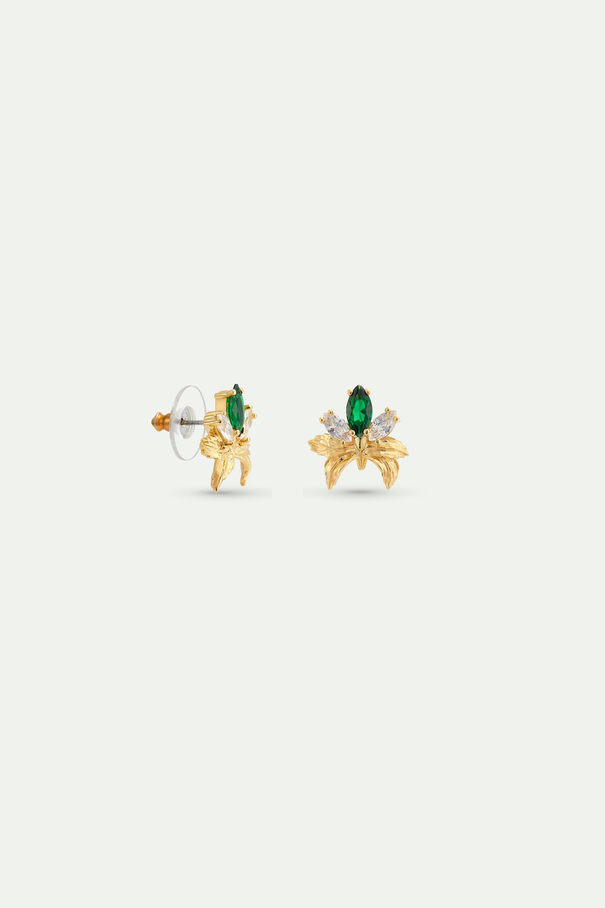 Gold clip-on earrings with orchids, white and green stones