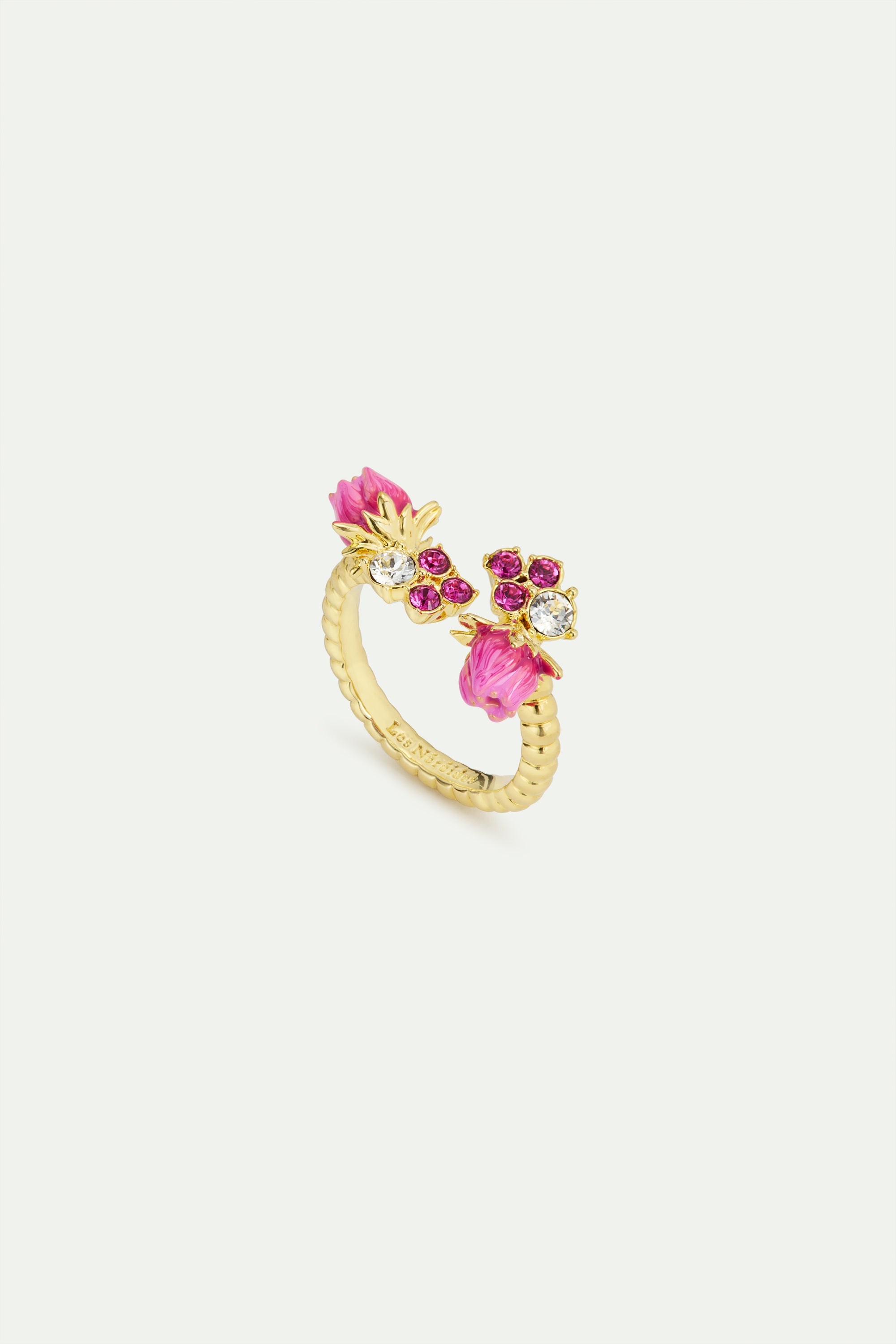 Rosebud and pink faceted crystaks adjustable ring