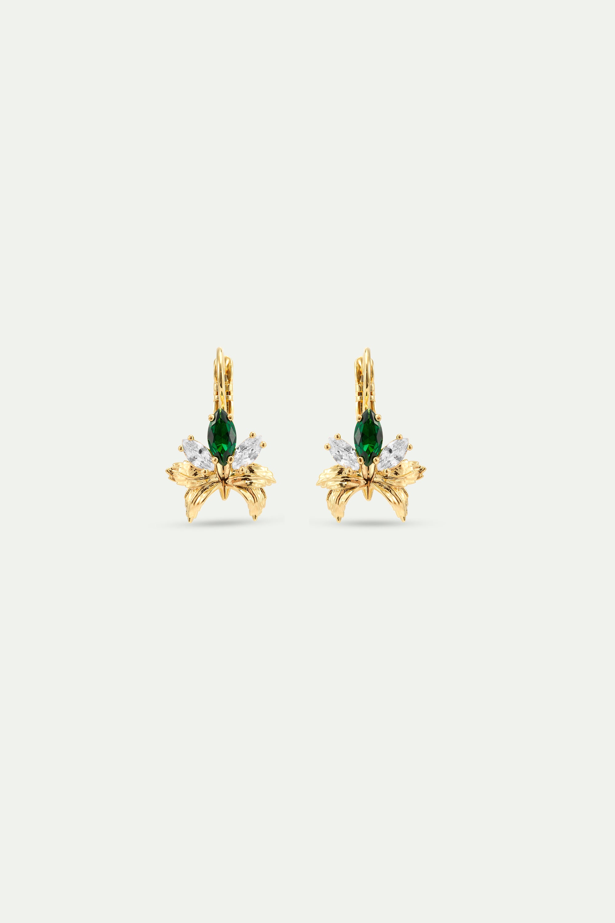 Gold sleeper earrings with orchids, white and green stones