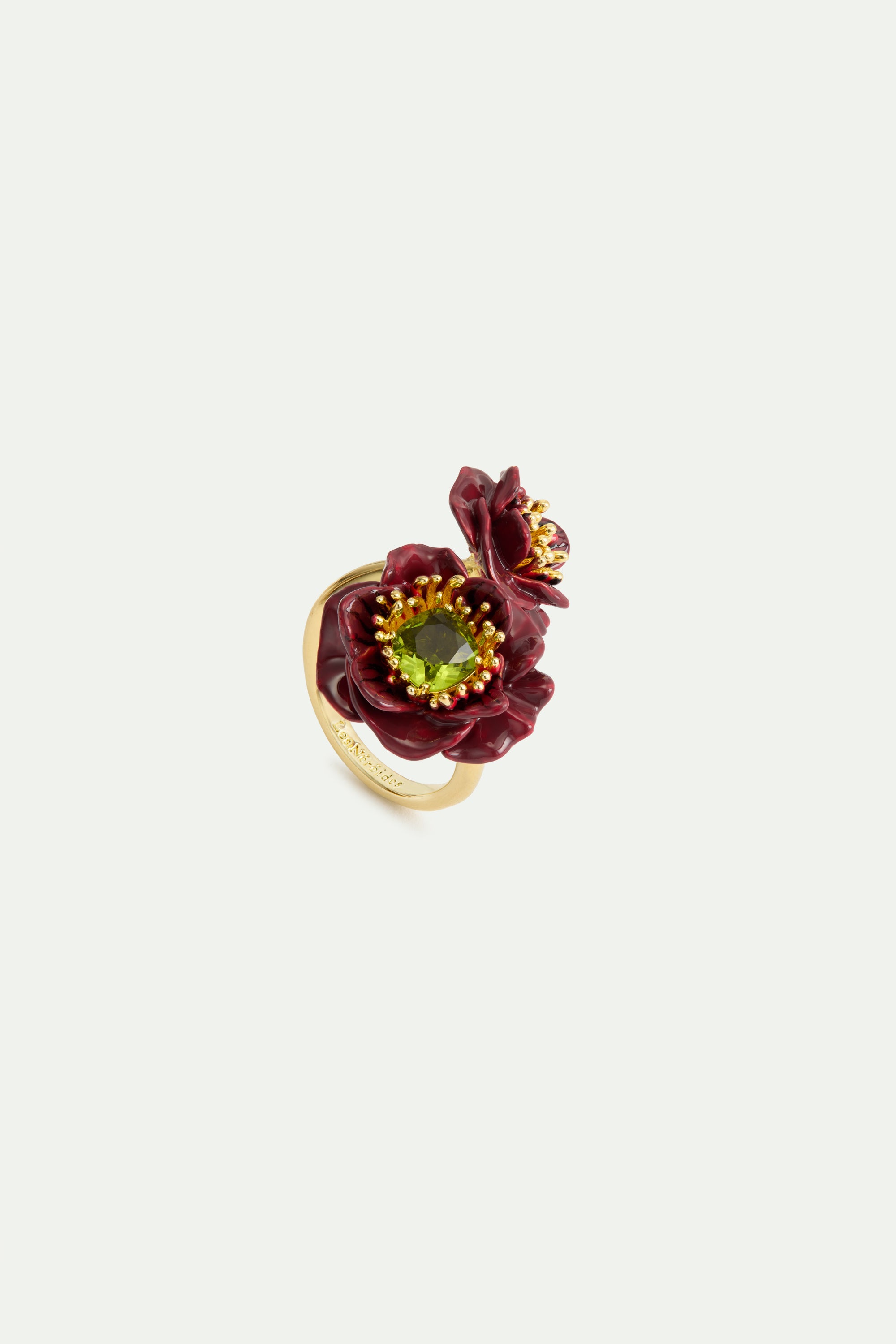 Burgundy anemone flower and green faceted stones adjustable ring